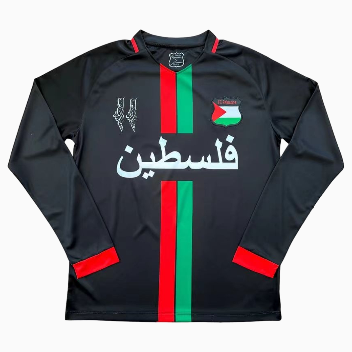 FC Palestina 24-25 Black Centre Striped Long Sleeve Jersey with Arabic and Pattern - ReplicasJersey