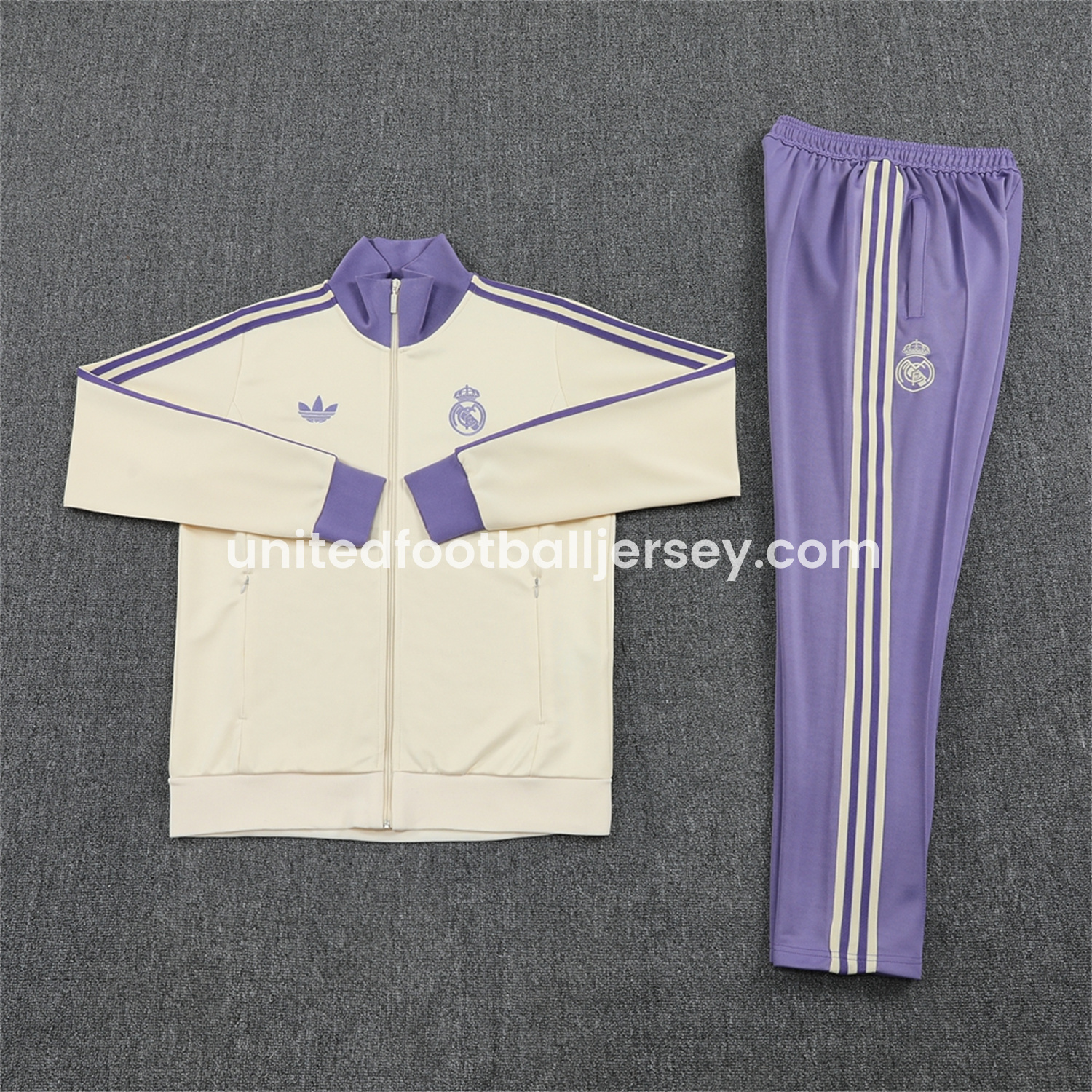 Real Madrid 24-25 Throwback Jacket Training Tracksuit - Off-white Jackets & Purple Pants - ReplicasJersey