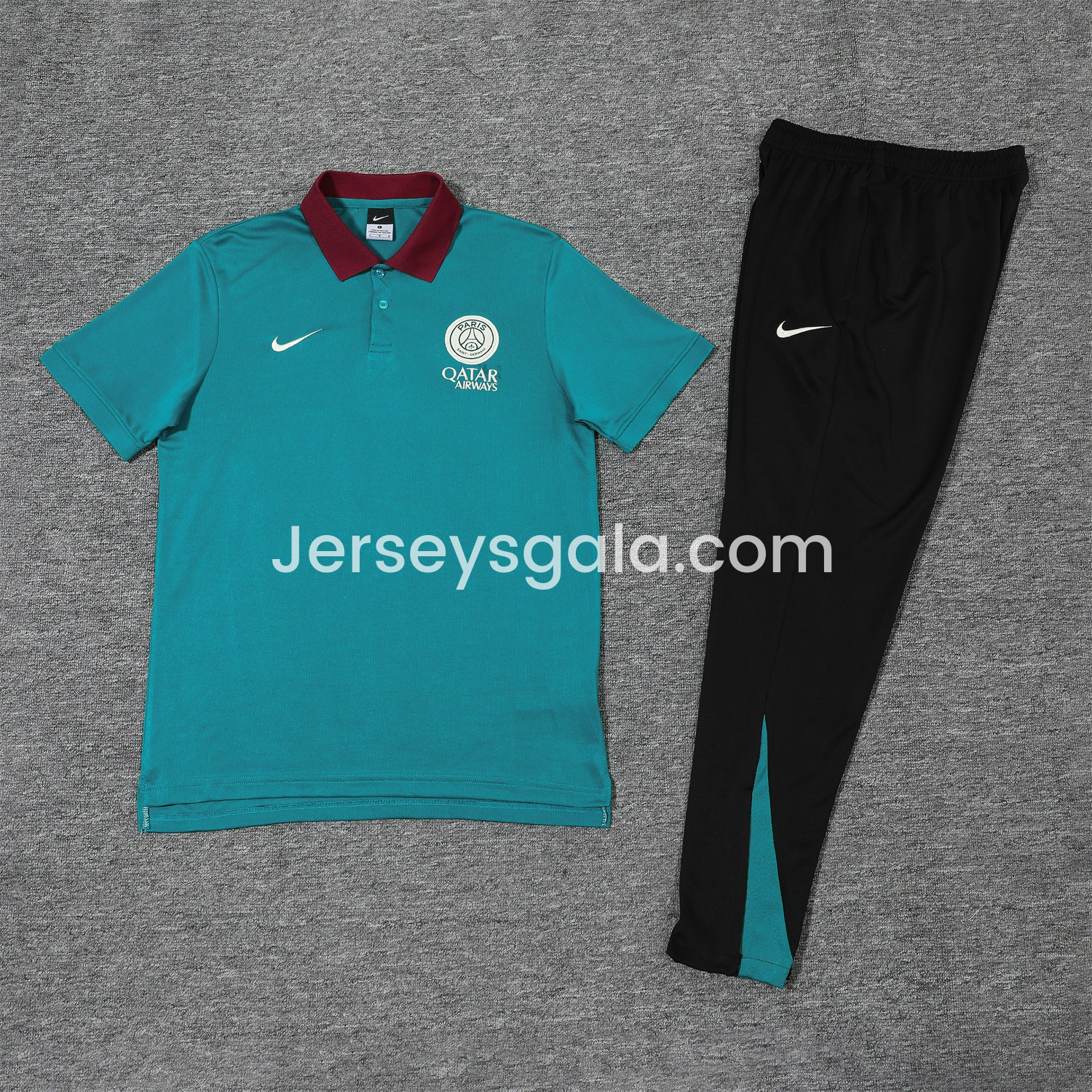 Paris Saint-Germain PSG 25-26 POLO Short-Sleeve Training Set - Blue Green Top and Black Pants - ReplicasJersey