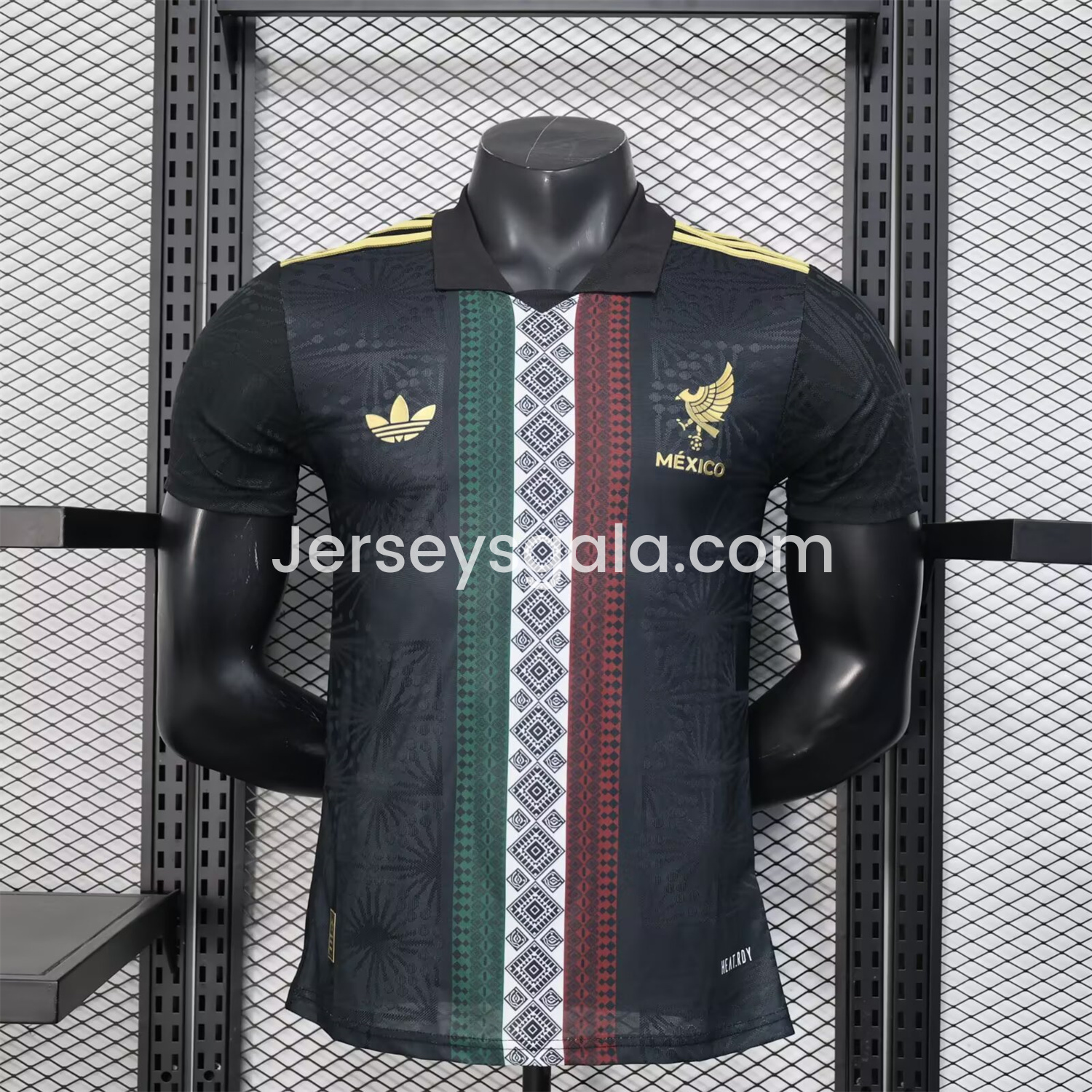 Mexico 25-26 Black Polo Jersey with Red White and Green Decorative Pattern - Player Version - ReplicasJersey