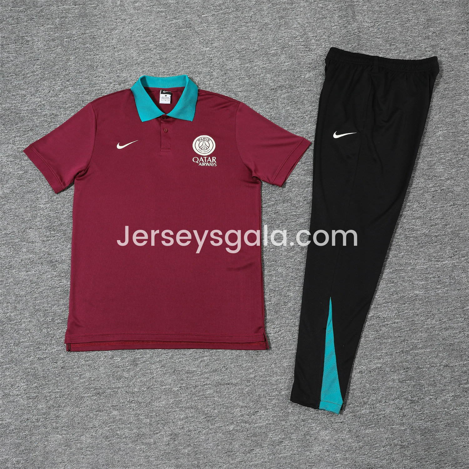 Paris Saint-Germain PSG 25-26 POLO Short-Sleeve Training Set - Deep Red Top and Black Pants - ReplicasJersey