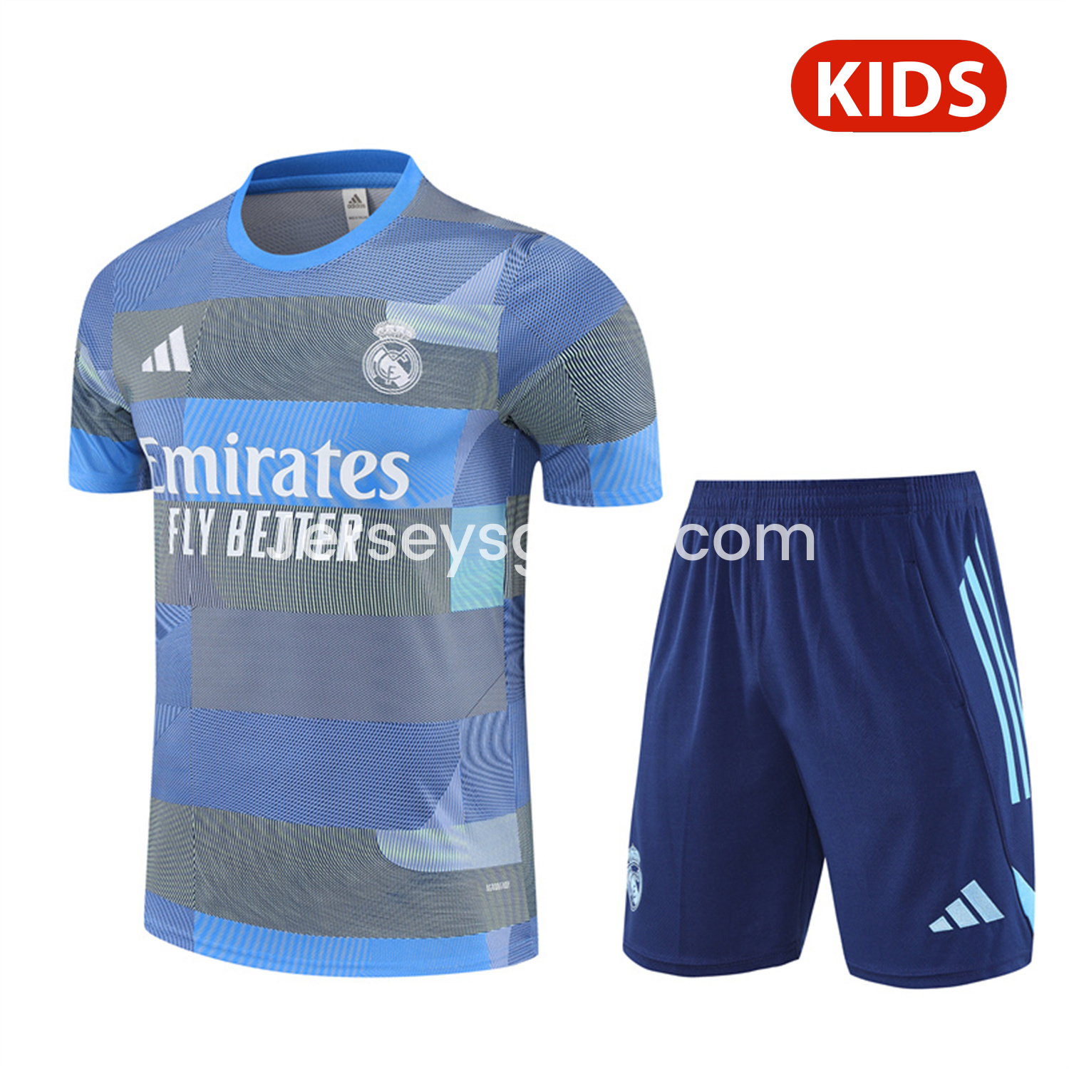 Real Madrid 25-26 Pre-Match Kids Short-Sleeve Training Set - Blue-Gray Camouflage Top and Blue Shorts - ReplicasJersey