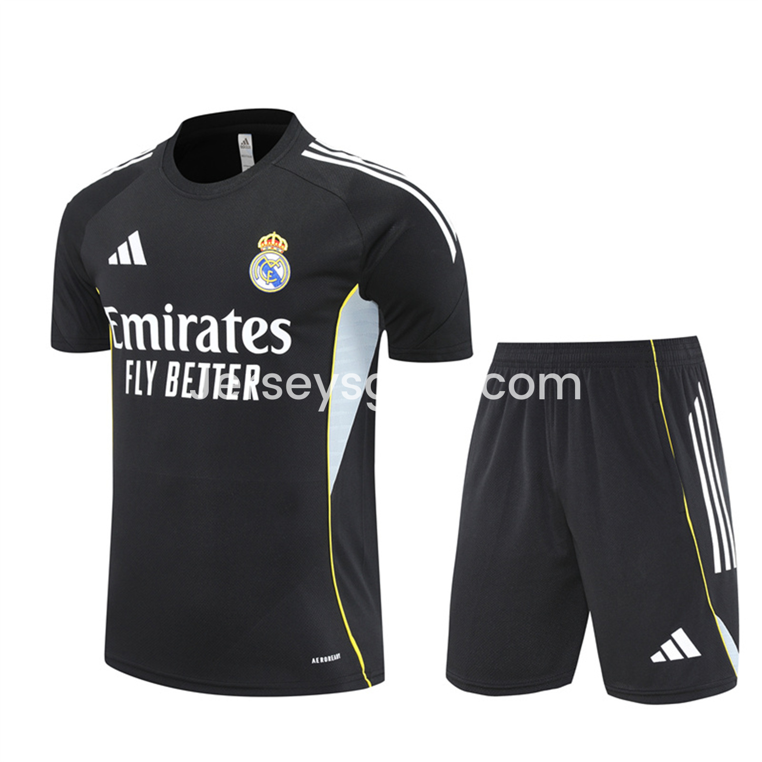 Real Madrid 25-26 Kids Short-Sleeve Training Set - Yellow Line Black Top and Black Shorts - ReplicasJersey