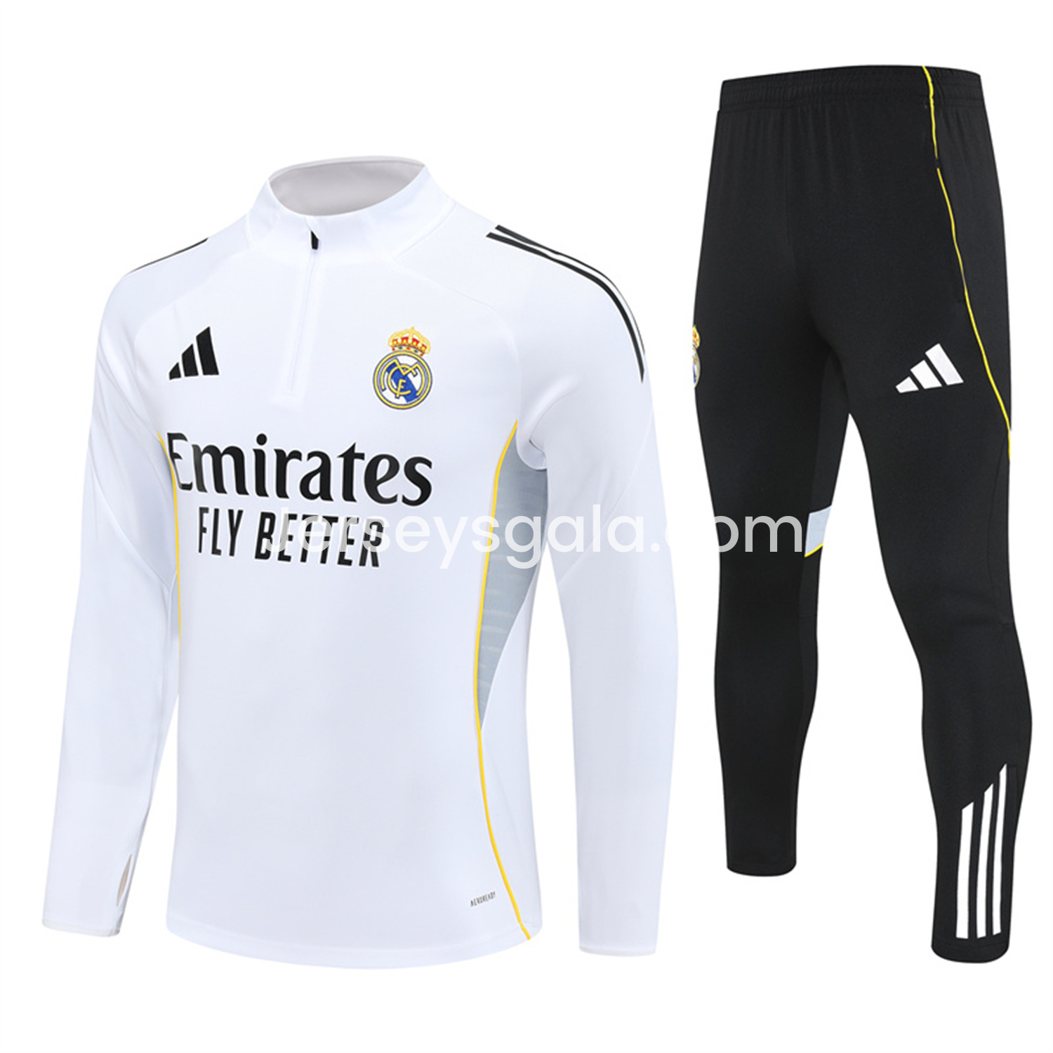 Real Madrid 25-26 Kids Long Sleeve Training Set - Yellow Line White Top and Black Shorts - ReplicasJersey