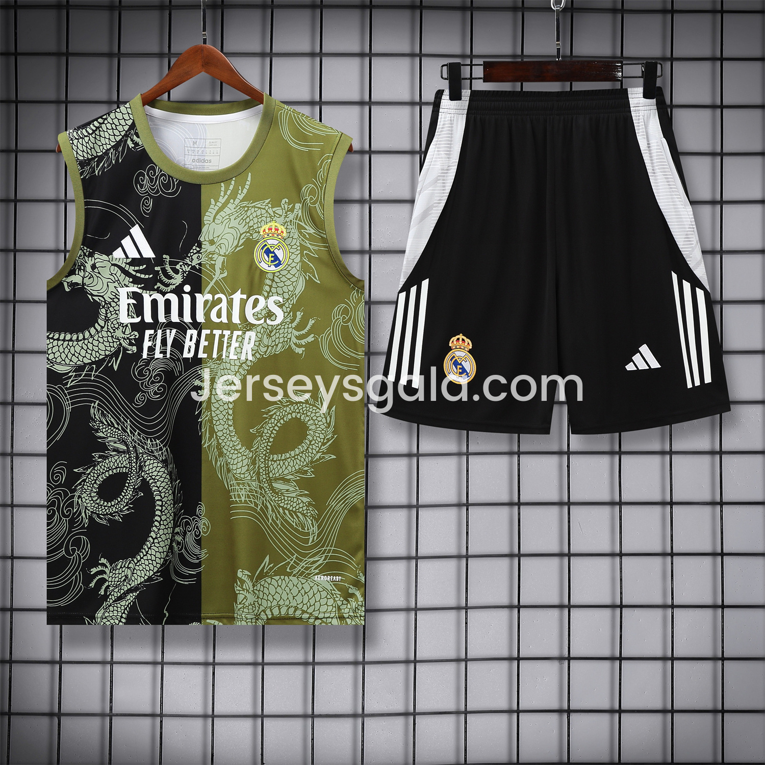 Real Madrid 25-26 Vest Training Set - Green-Black Dragon Vest & Black-White Shorts - ReplicasJersey