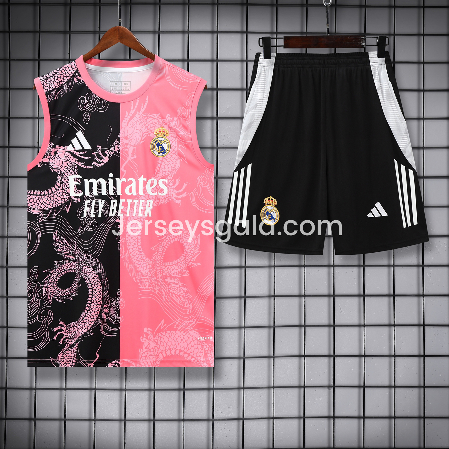 Real Madrid 25-26 Vest Training Set - Pink-Black Dragon Vest & Black-White Shorts - ReplicasJersey