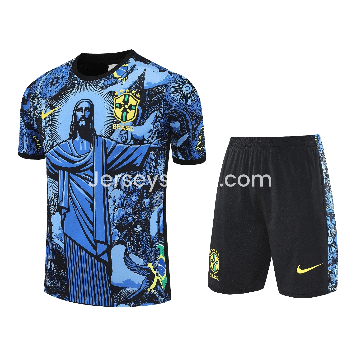 Brazil 25-26 Blue Jesus Statue Short-Sleeve Training Set - Blue Top & Black Shorts - ReplicasJersey