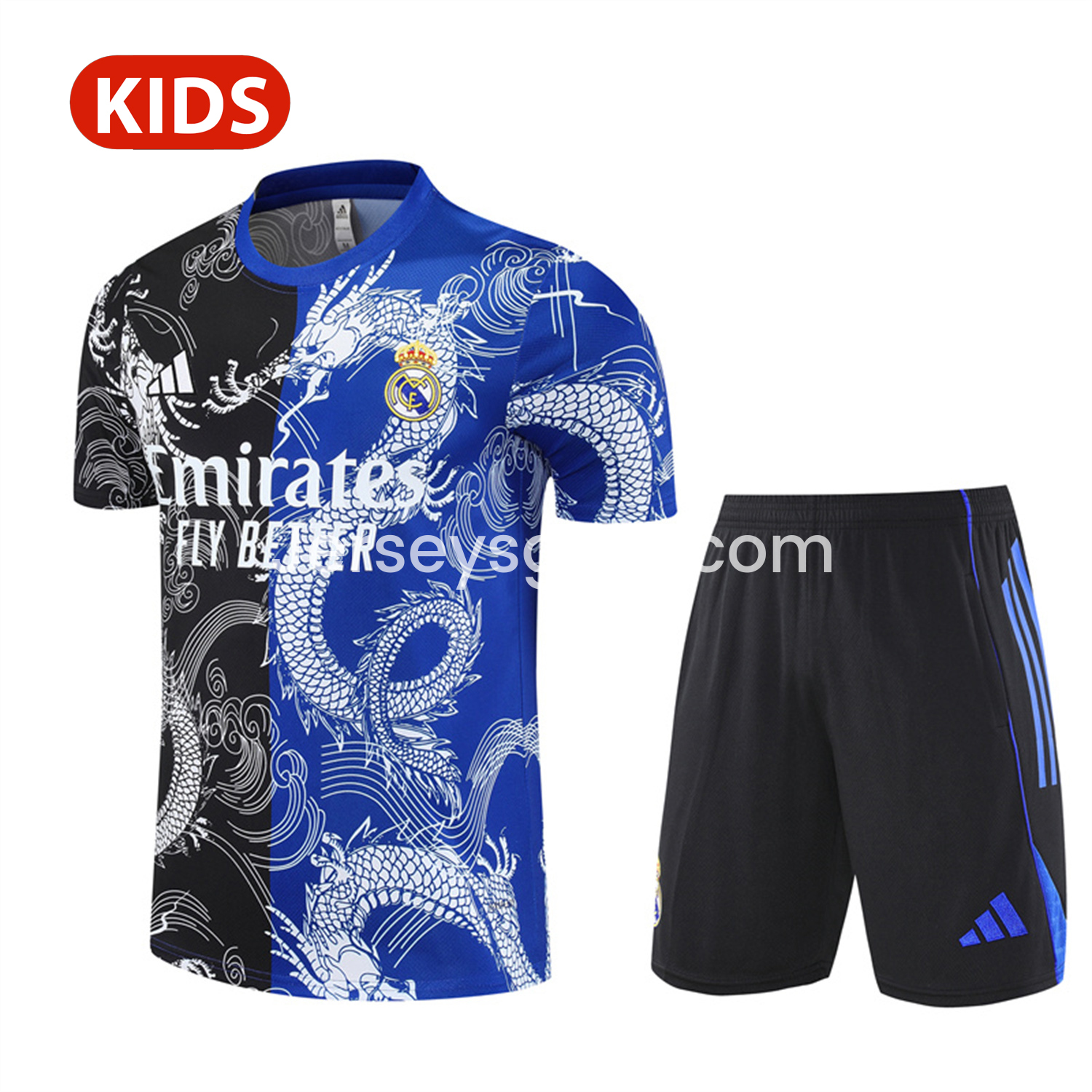 Real Madrid 25-26 Kid Short-Sleeve Training Set - Blue Black Dragon Top & Black Shorts - ReplicasJersey