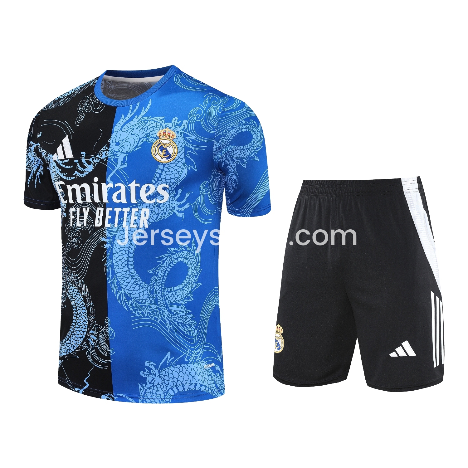 Real Madrid 25-26 Short-Sleeve Training Set - Blue Black Dragon Top & Black-White Shorts - ReplicasJersey