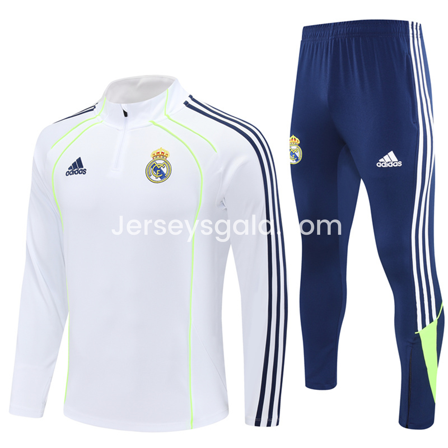 Real Madrid 25-26 Long Sleeve Training Set - Green Line White Top and Blue Pants - ReplicasJersey