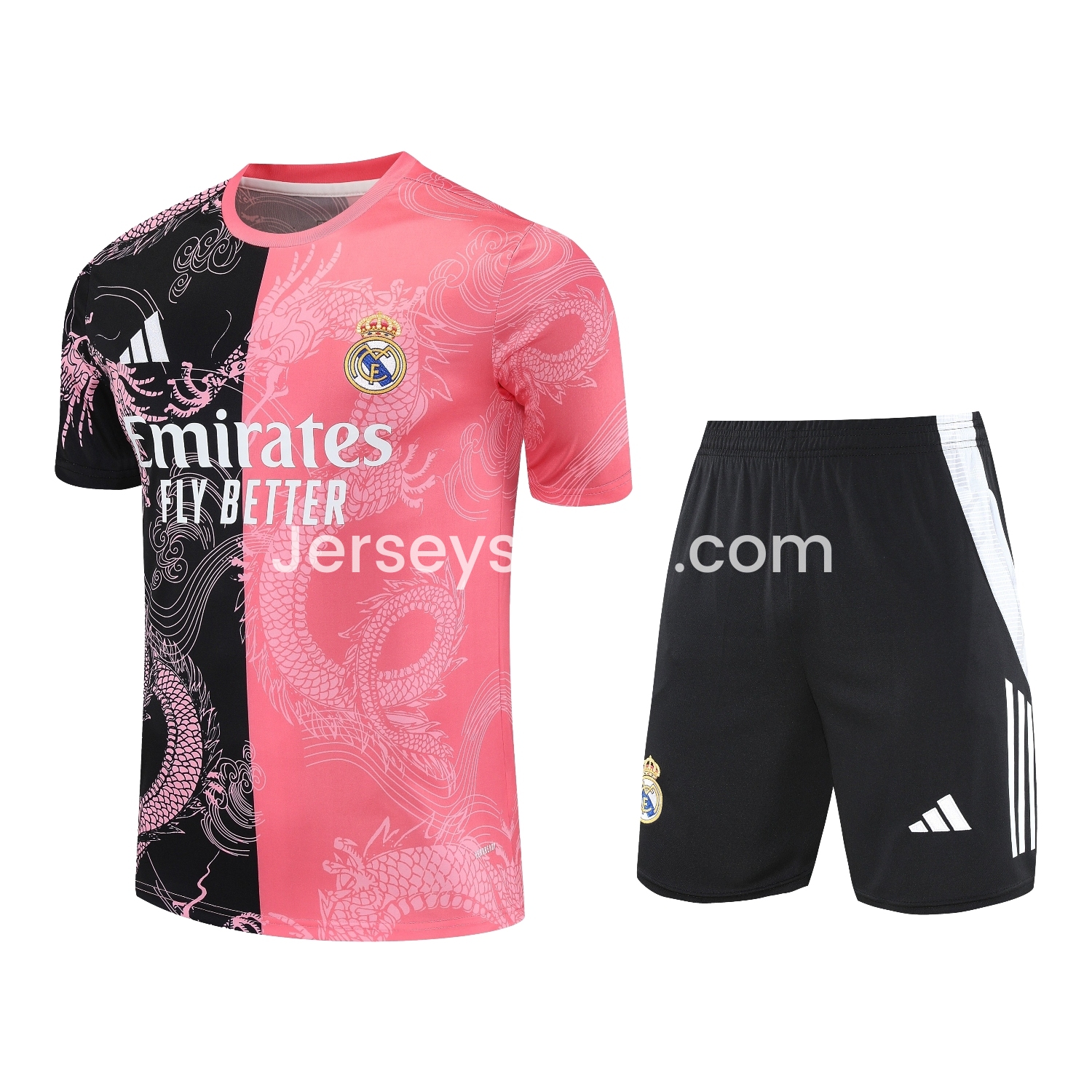 Real Madrid 25-26 Short-Sleeve Training Set - Pink-Black Dragon Top & Black-White Shorts - ReplicasJersey