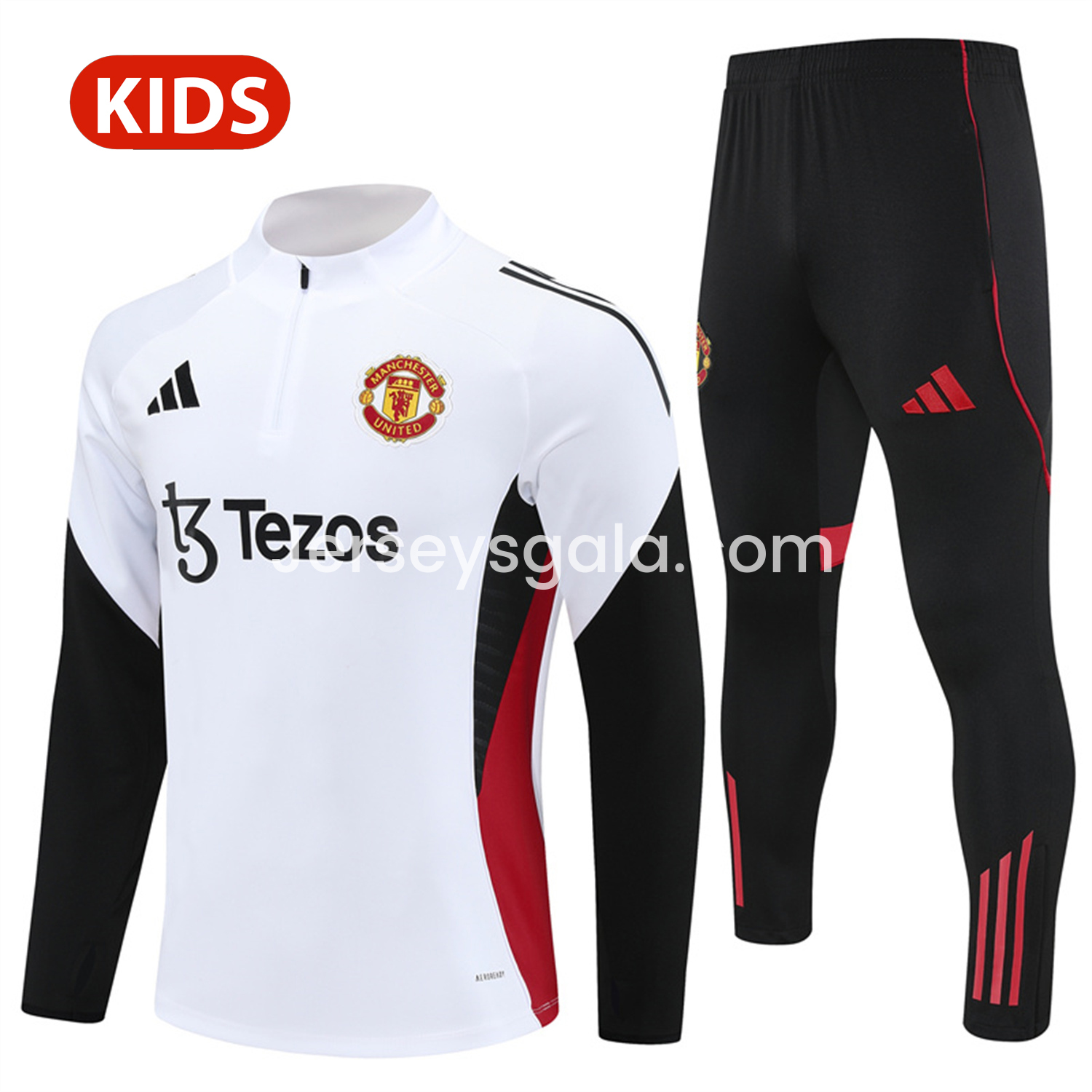Manchester United 25-26 Kid Long Sleeves Training Set - White Top & Black Pants - ReplicasJersey