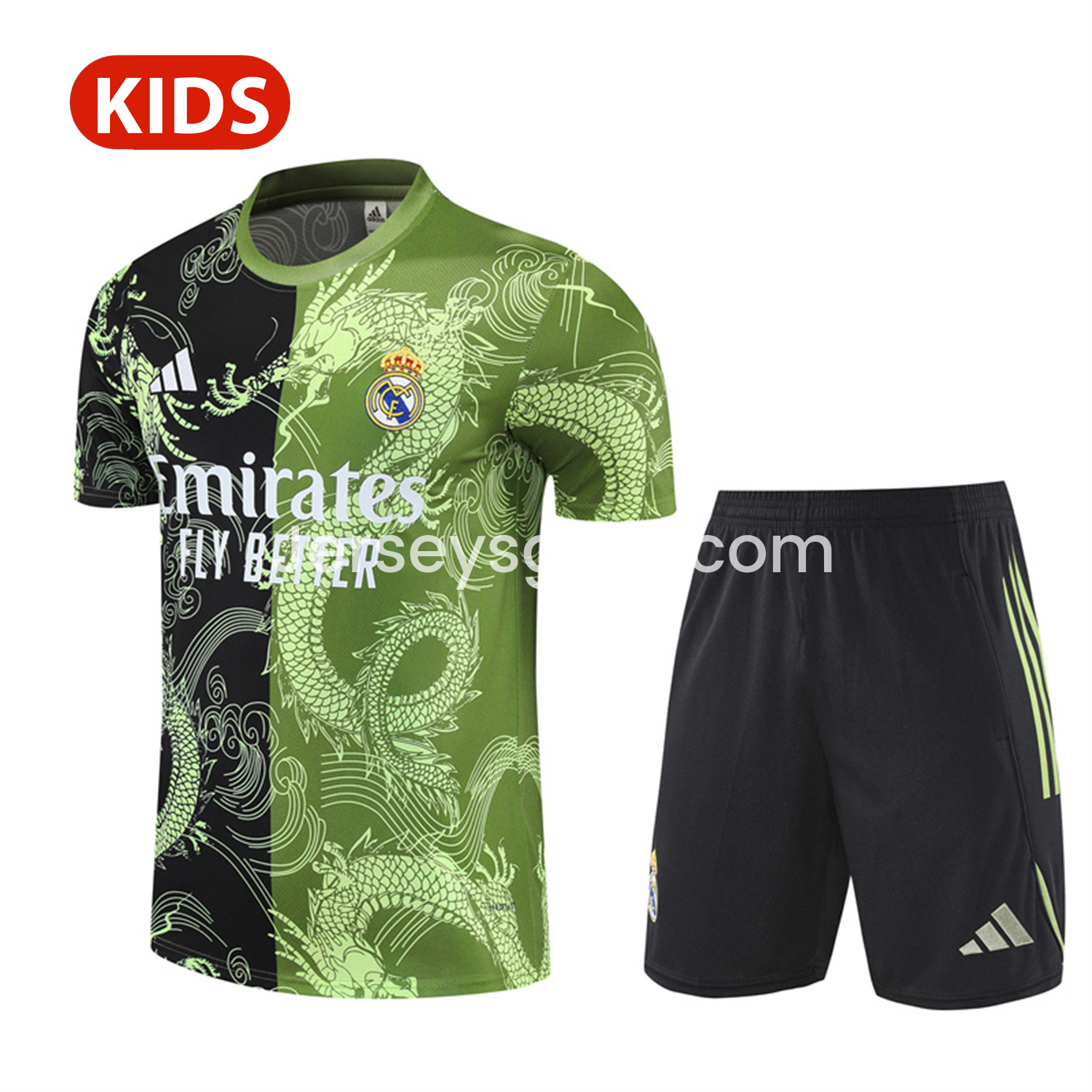 Real Madrid 25-26 Kid Short-Sleeve Training Set - Green Black Top & Black Shorts - ReplicasJersey
