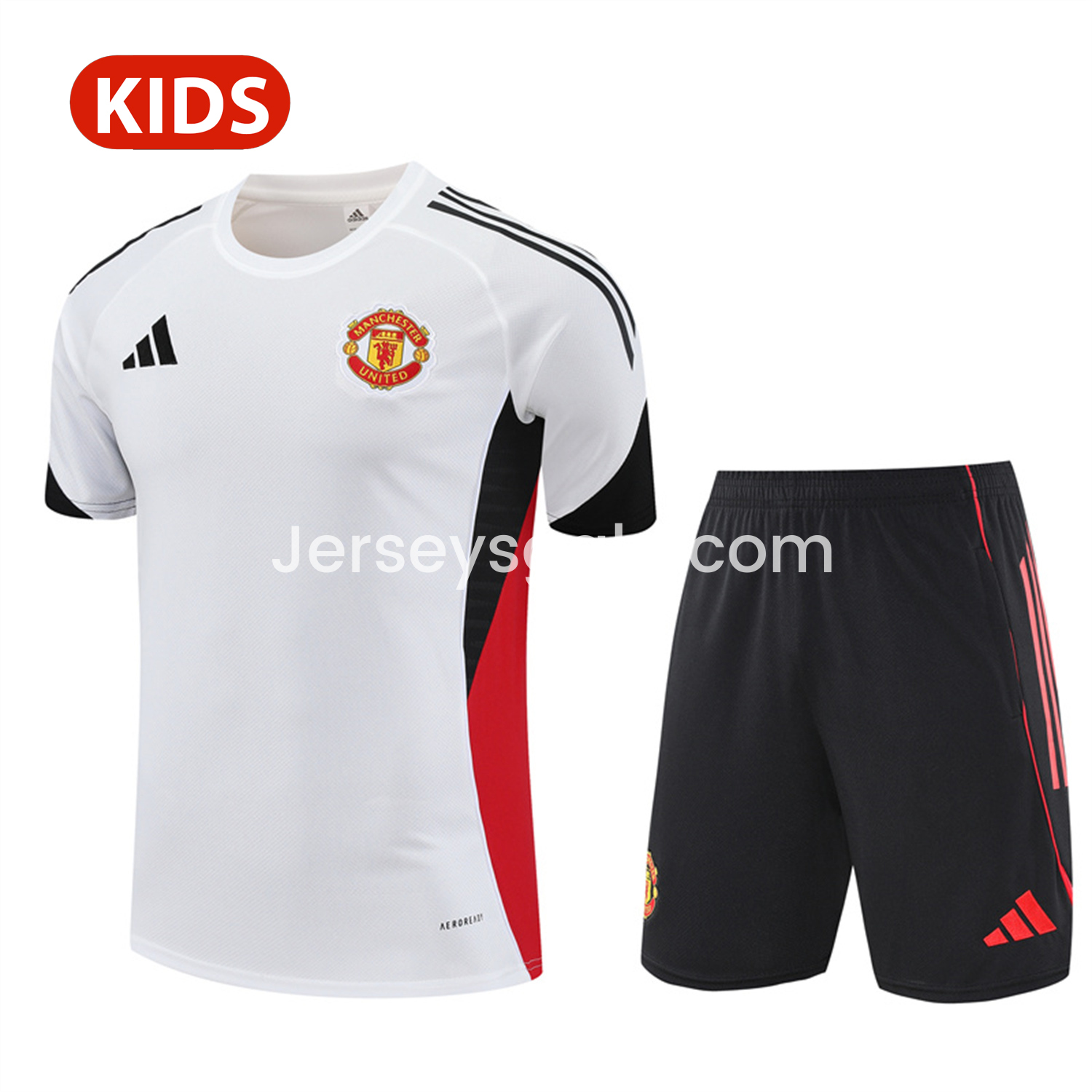 Manchester United 25-26 Kid Short-Sleeve Training Set - White Top & Black Shorts - ReplicasJersey