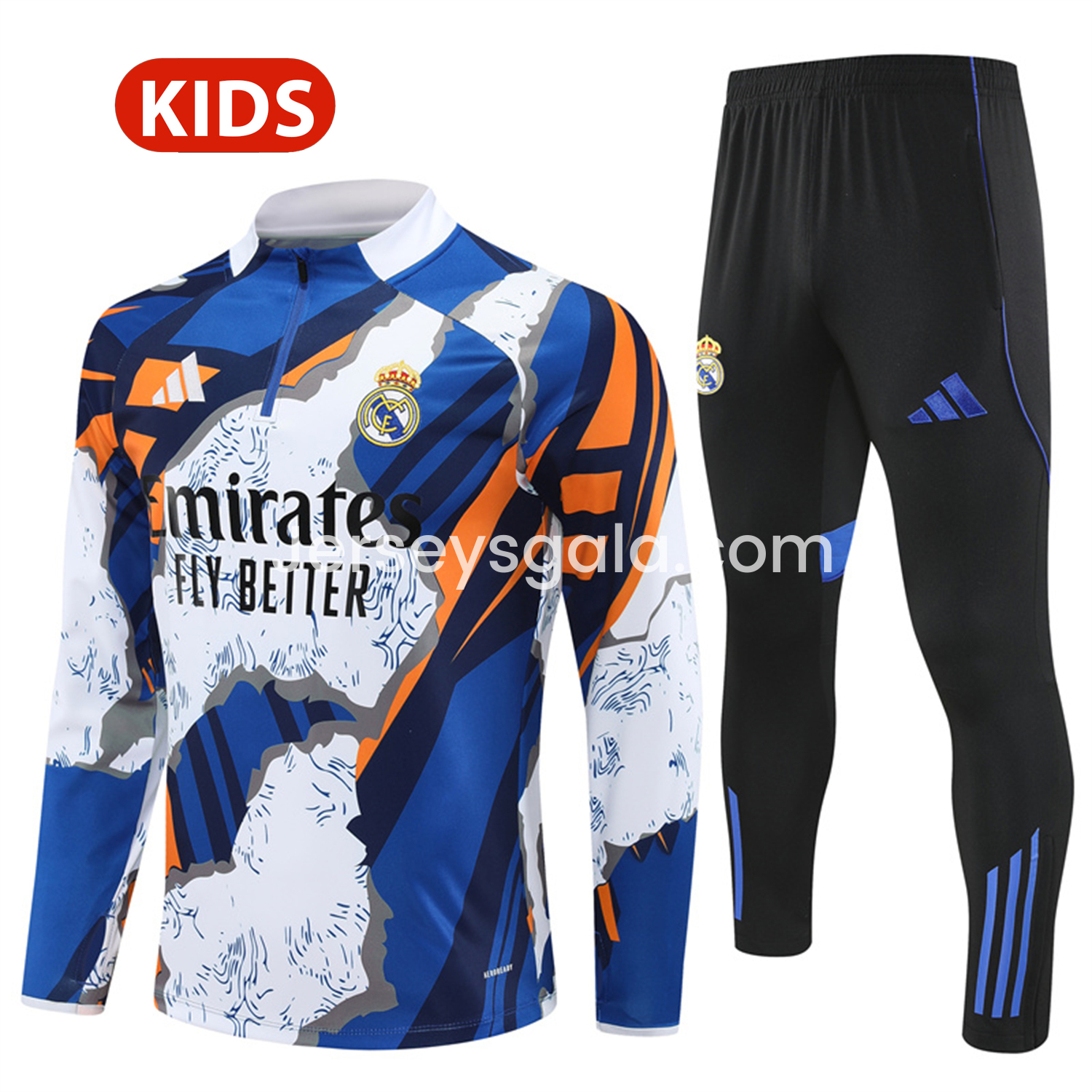 Real Madrid 25-26 Kids Long Sleeve Training Set - Yellow, White and Blue Camouflage Top and Black Pants - ReplicasJersey