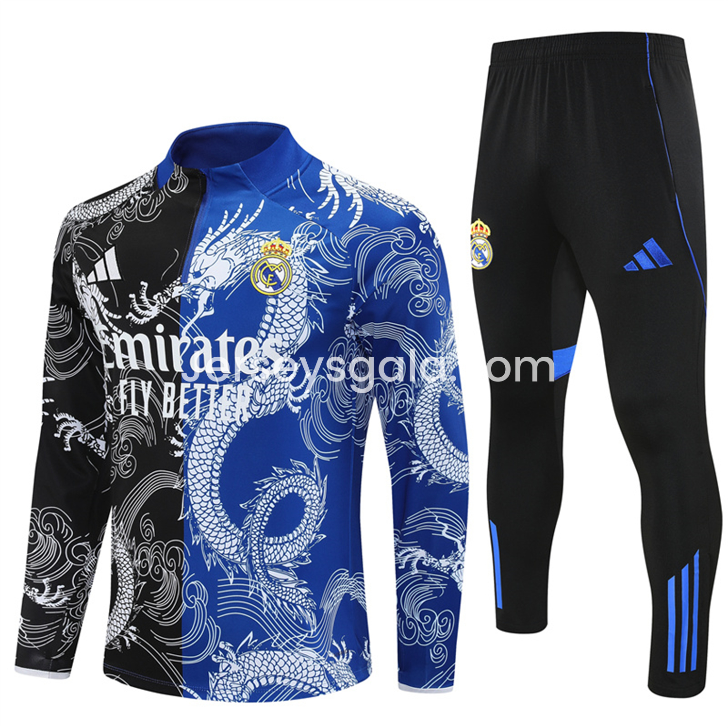 Real Madrid 25-26 Long Sleeve Training Set - White Loong Black Blue Top and Black Pants - ReplicasJersey