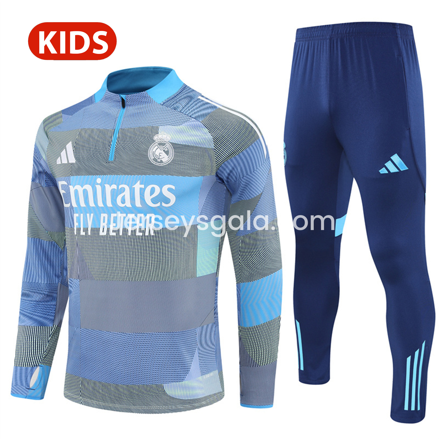 Real Madrid 25-26 Kids Long Sleeves Training Set - Blue-Gray Camouflage Top & Blue Pants - ReplicasJersey