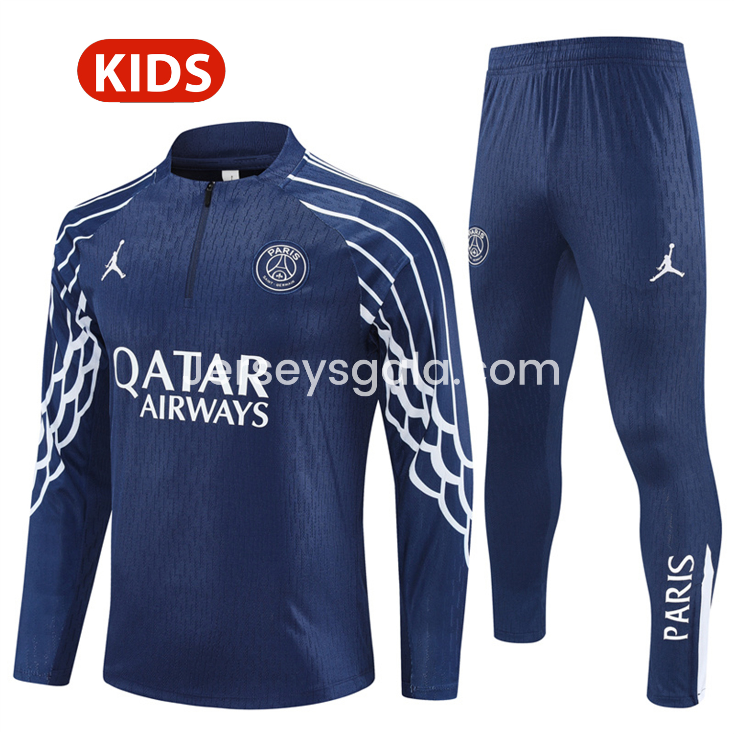Paris Saint-Germain PSG 25-26 Kids Long Sleeve Training Set - JD White Wing Royal Blue Top and Pants - ReplicasJersey