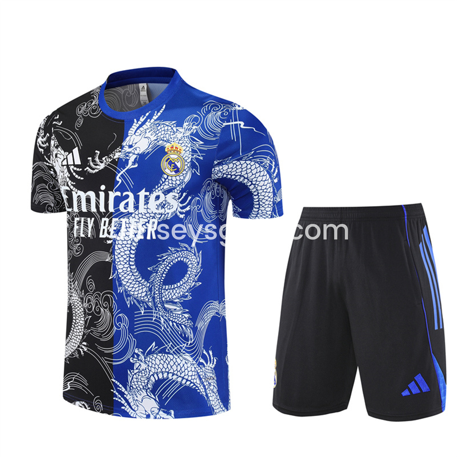 Real Madrid 25-26 Short-Sleeve Training Set - Blue Black Dragon Top & Black Shorts - ReplicasJersey