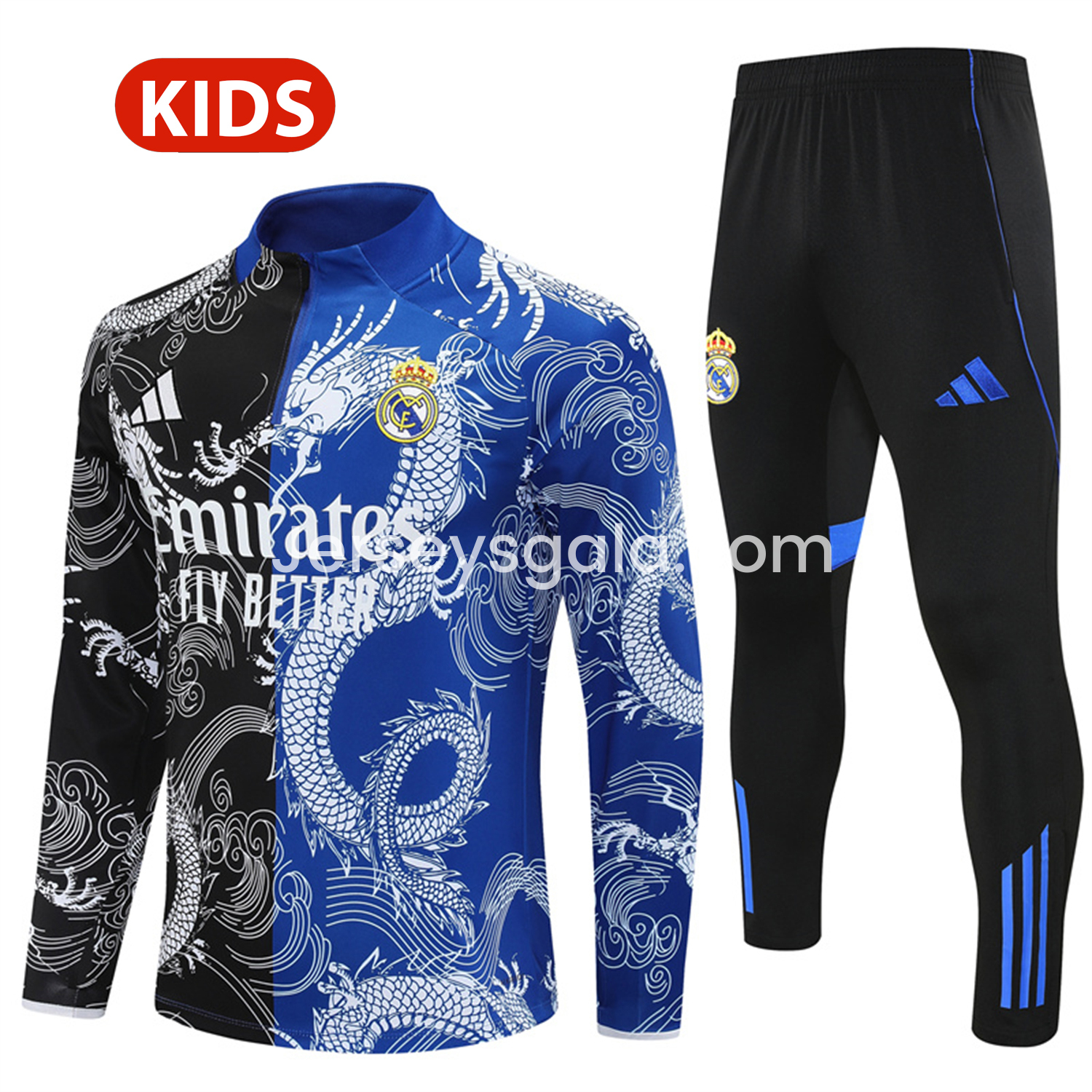 Real Madrid 25-26 Kids Long Sleeve Training Set - White Loong Black Blue Top and Black Pants - ReplicasJersey