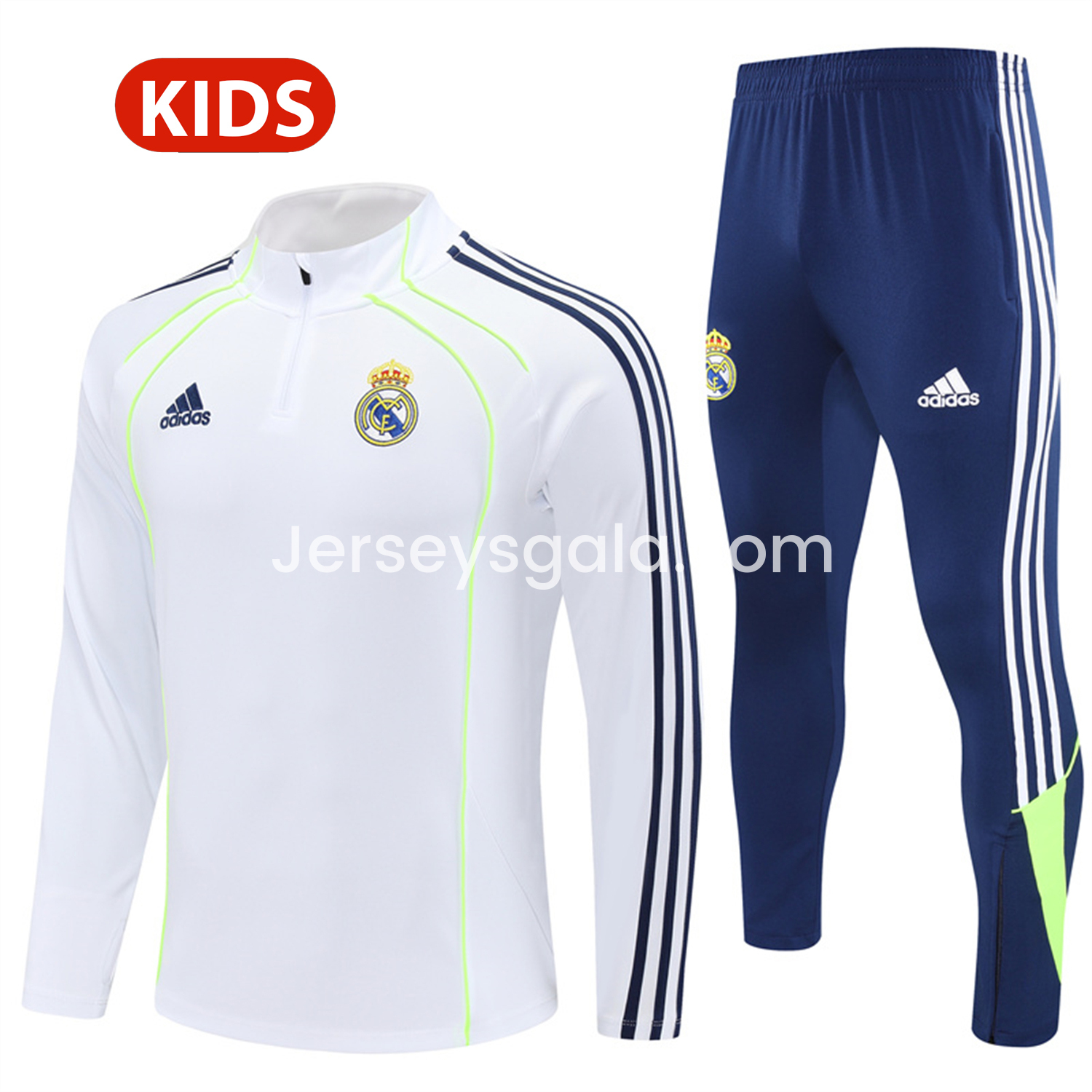 Real Madrid 25-26 Kids Long Sleeves Training Set - Green Line White Top and Blue Pants - ReplicasJersey
