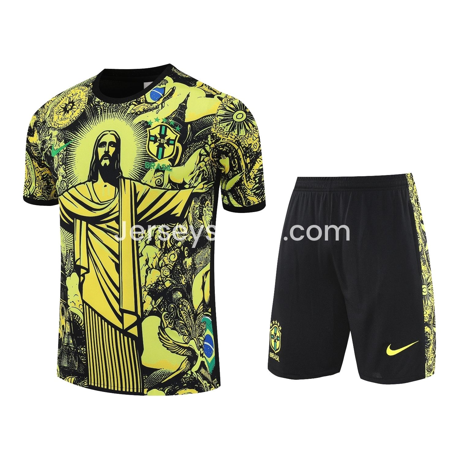 Brazil 25-26 Yellow Jesus Statue Short-Sleeve Training Set - Yellow Top & Black Shorts - ReplicasJersey