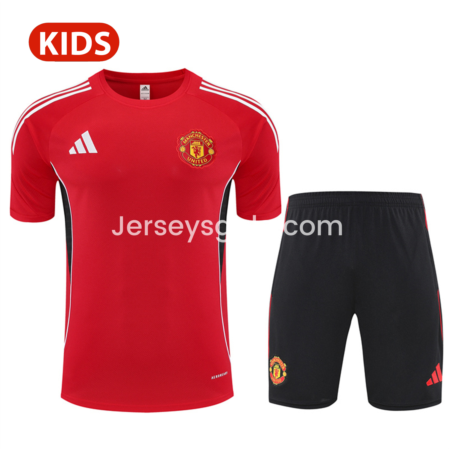 Manchester United 25-26 Kid Short-Sleeve Training Set - Red Top & Black Shorts - ReplicasJersey