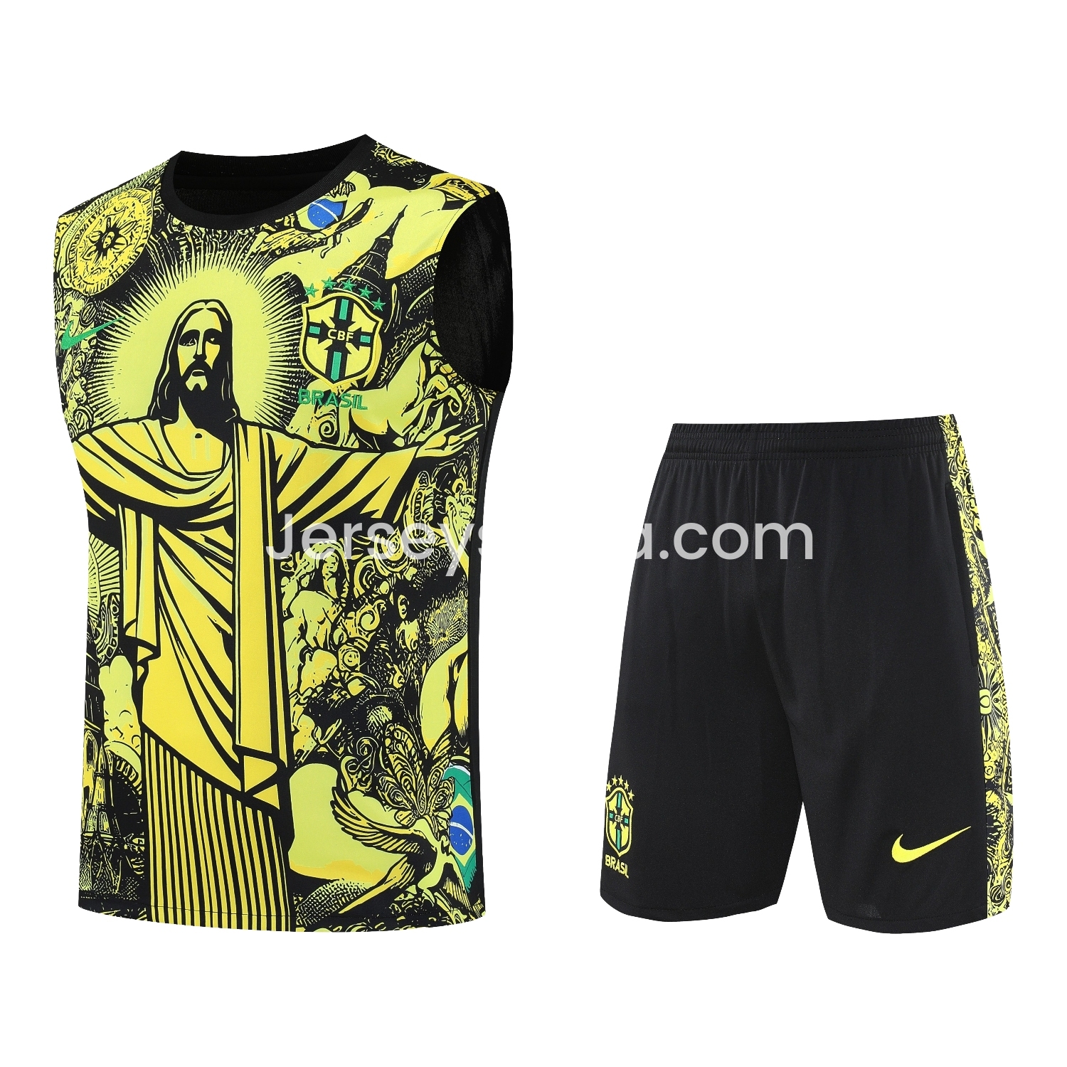 Brazil 25-26 Yellow Jesus Statue Vest Training Set - Yellow Vest & Black Shorts - ReplicasJersey