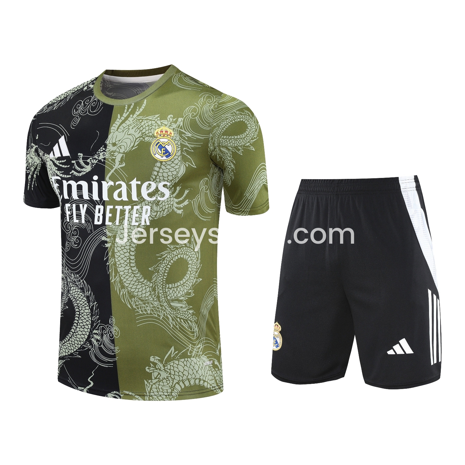 Real Madrid 25-26 Short-Sleeve Training Set - Green-Black Dragon Top & Black-White Shorts - ReplicasJersey