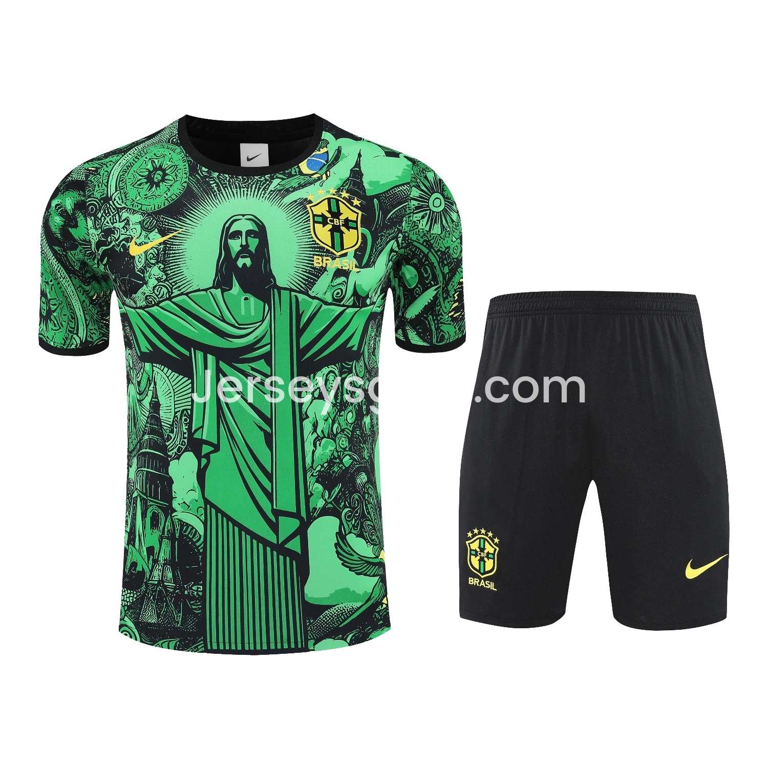 Brazil 25-26 Green Jesus Statue Short-Sleeve Training Set - Green Top & Black Shorts - ReplicasJersey
