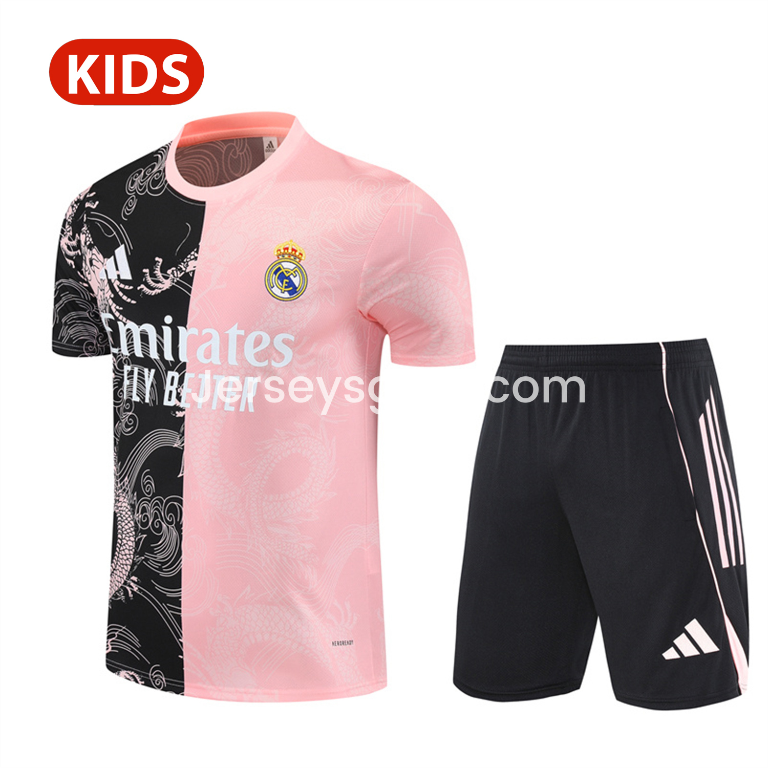 Real Madrid 25-26 Kid Short-Sleeve Training Set - Pink Black Top & Black Shorts - ReplicasJersey