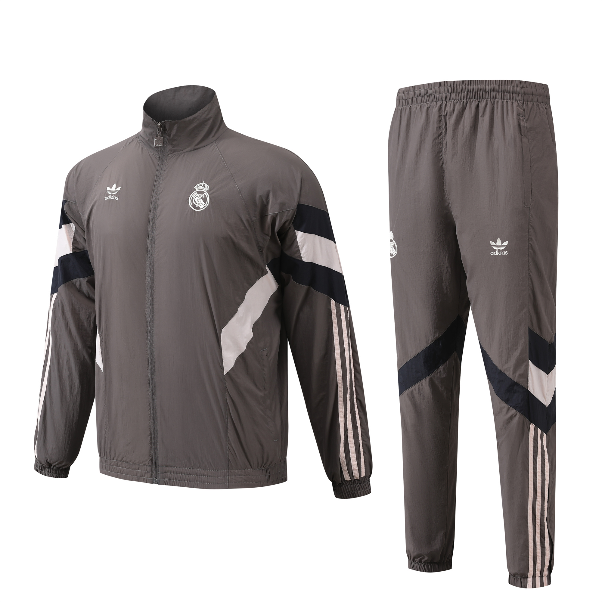 Real Madrid 24-25 Throwback Windbreaker Suit - Grey Jackets & Pants - ReplicasJersey