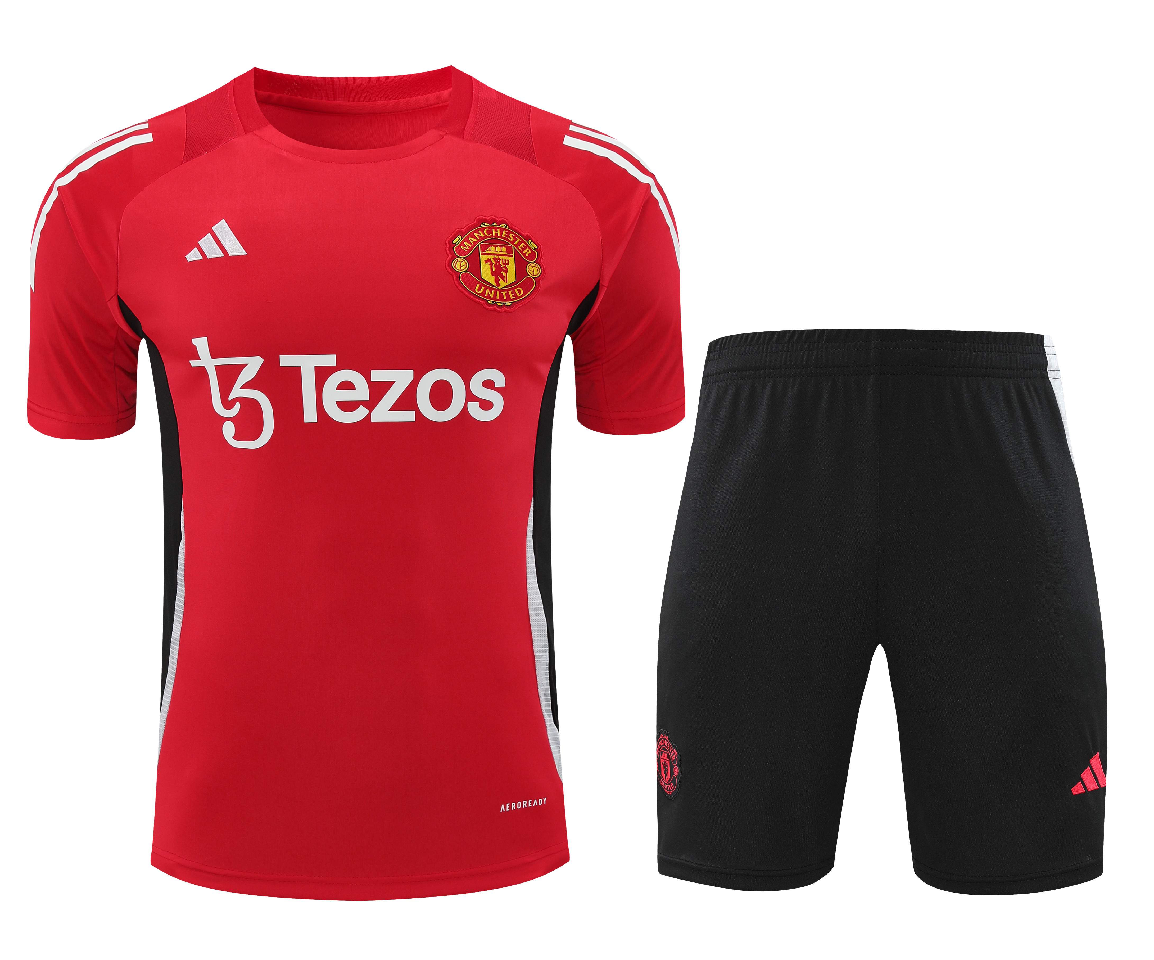 Manchester United 24-25 Short-Sleeve Training Kids Kit - Red Top and Black Shorts - ReplicasJersey