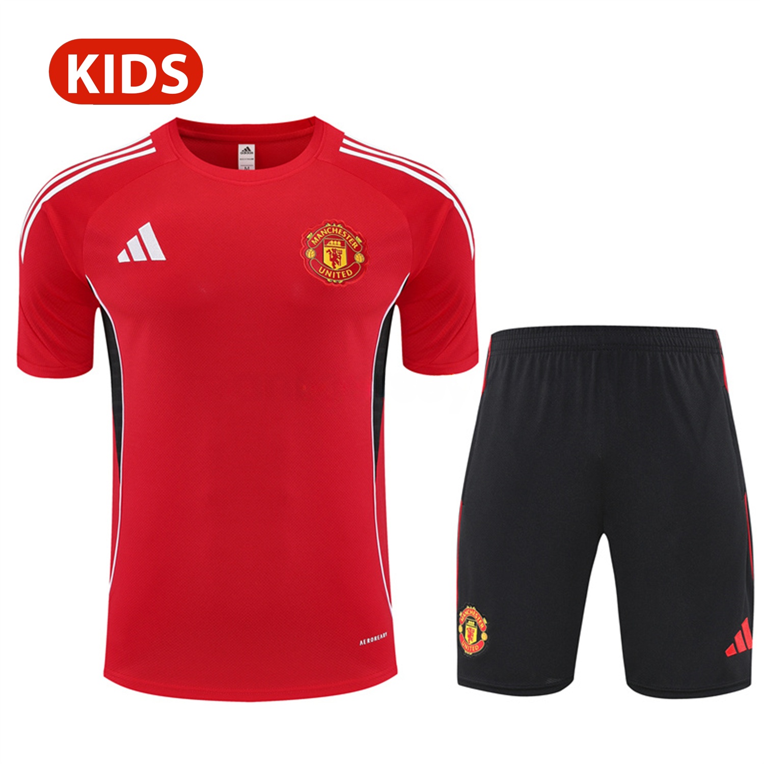 Manchester United 25-26 Kid Short-Sleeve Training Set - Red Top & Black Shorts - ReplicasJersey