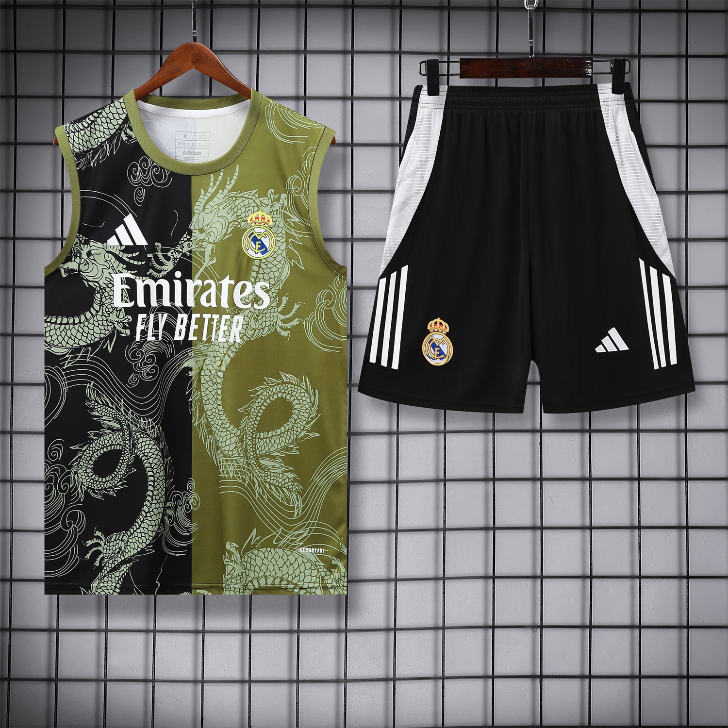 Real Madrid 25-26 Vest Training Set - Green-Black Dragon Vest & Black-White Shorts - ReplicasJersey