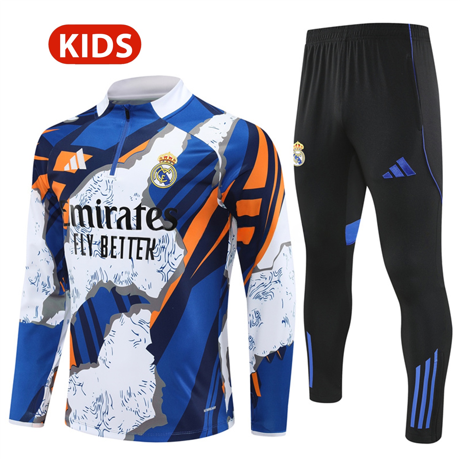 Real Madrid 25-26 Kids Long Sleeve Training Set - Yellow, White and Blue Camouflage Top and Black Pants - ReplicasJersey
