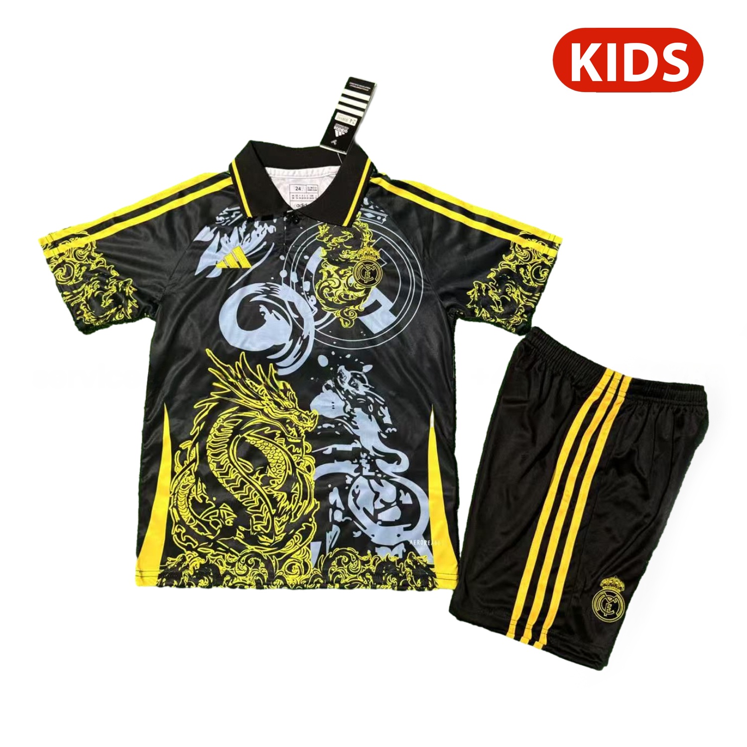 Real Madrid 25-26 Yellow Dragon And Cloud Black Special Polo Kids Kit - ReplicasJersey