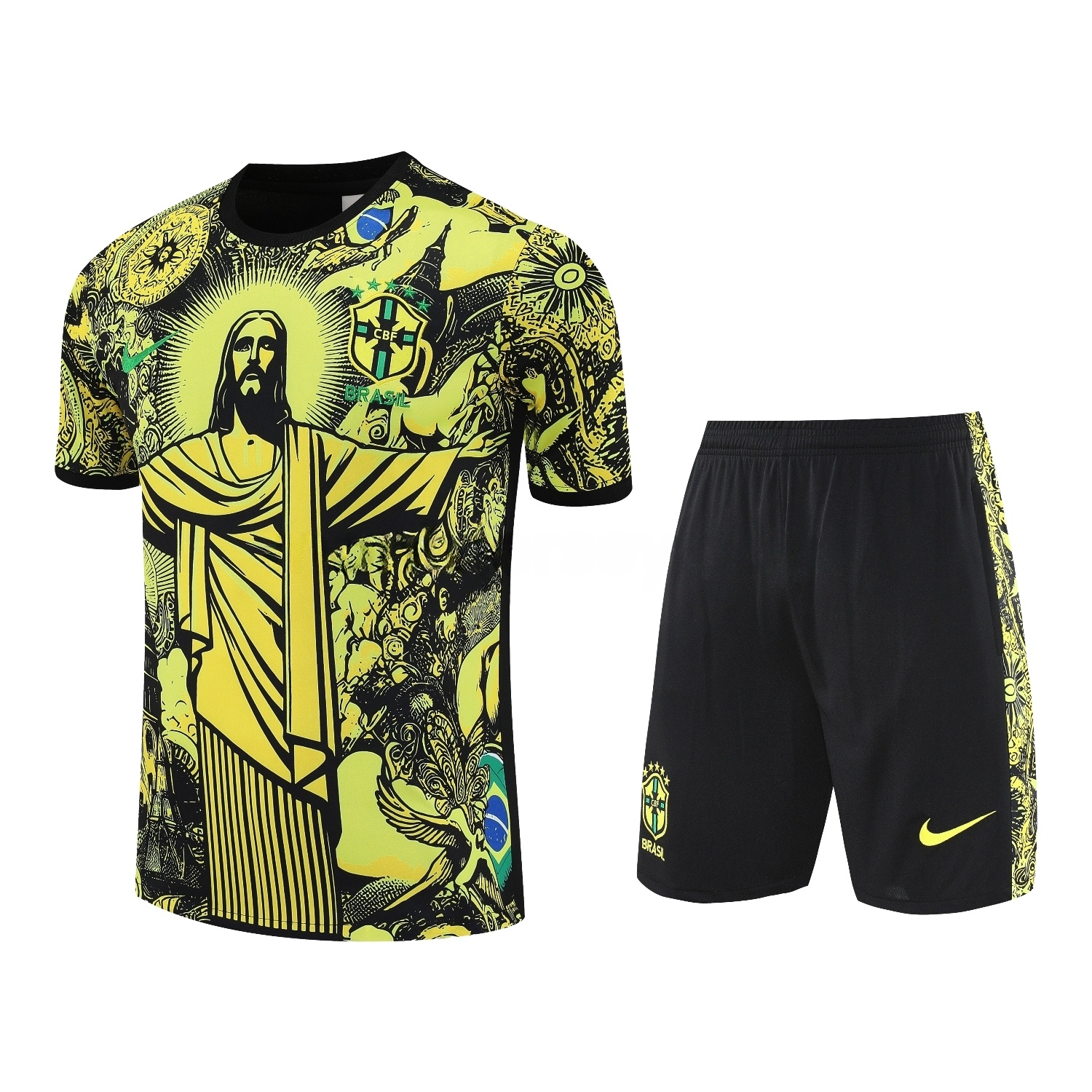 Brazil 25-26 Yellow Jesus Statue Short-Sleeve Training Set - Yellow Top & Black Shorts - ReplicasJersey