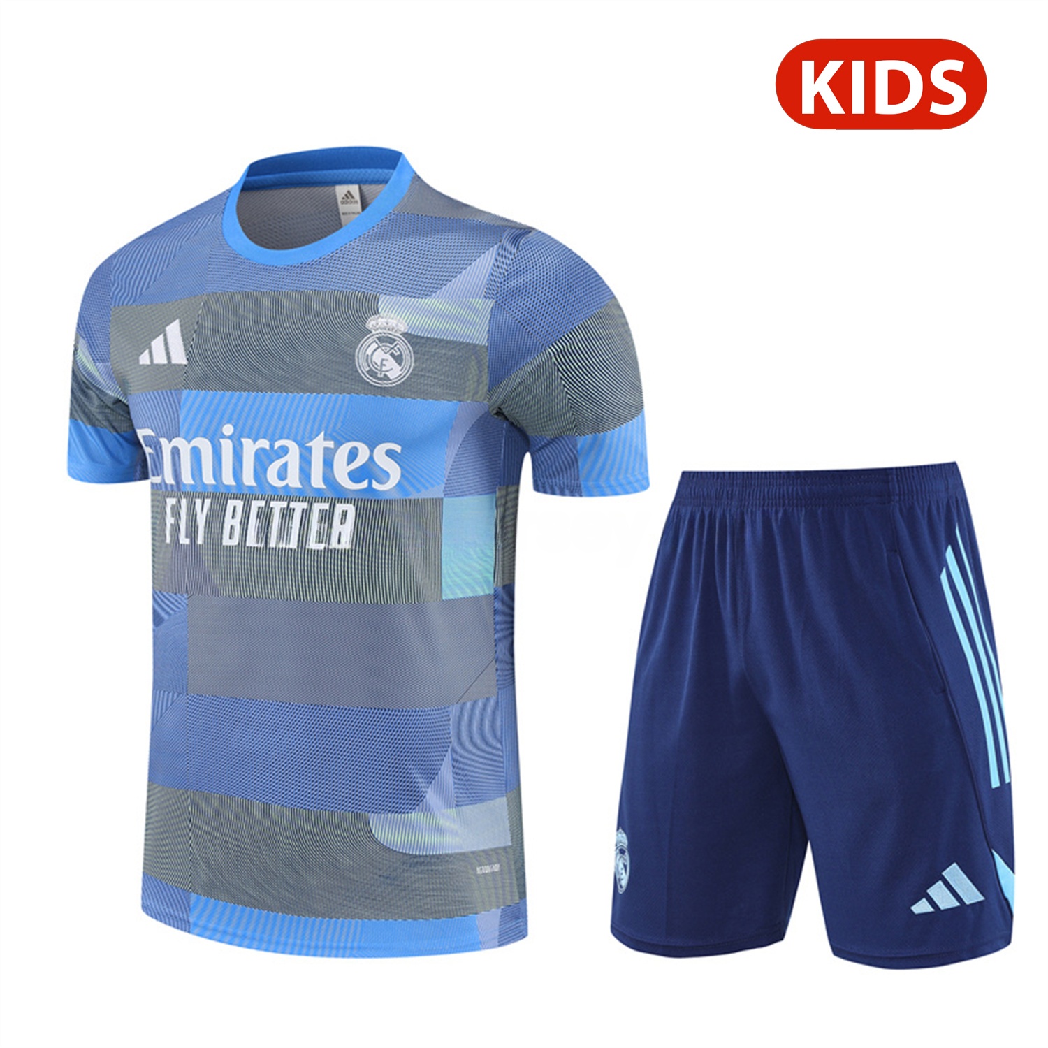 Real Madrid 25-26 Pre-Match Kids Short-Sleeve Training Set - Blue-Gray Camouflage Top and Blue Shorts - ReplicasJersey