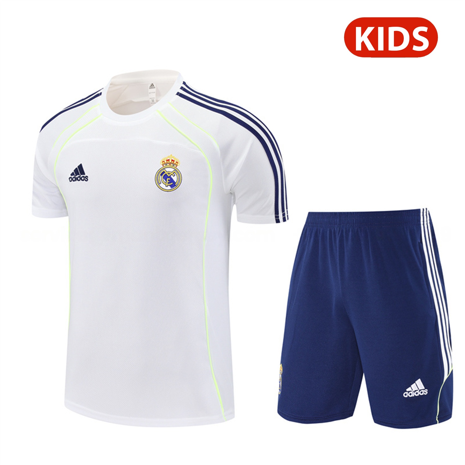 Real Madrid 25-26 Kids Short-Sleeve Training Set - White Urban Purist Style Top and Blue Shorts - ReplicasJersey