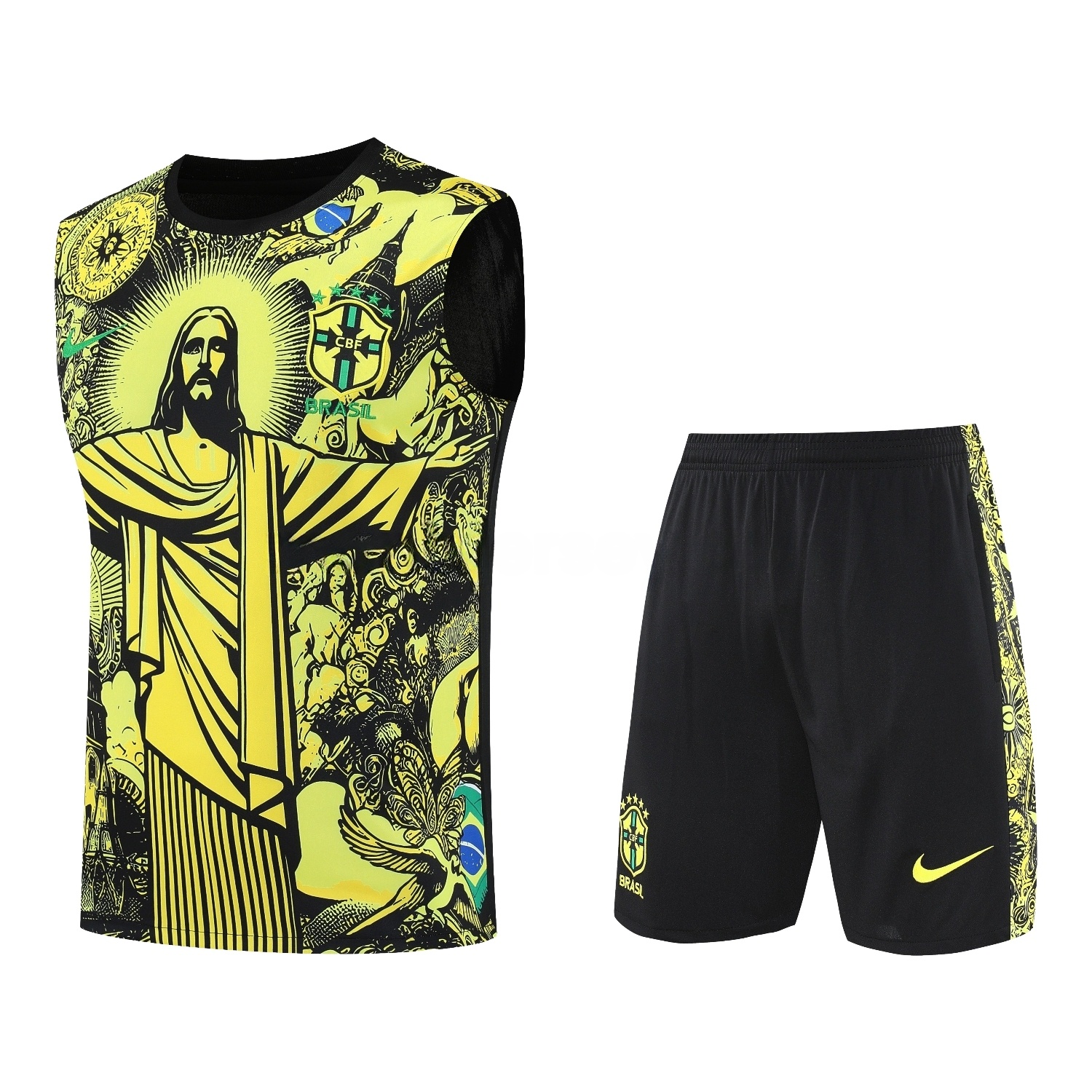 Brazil 25-26 Yellow Jesus Statue Vest Training Set - Yellow Vest & Black Shorts - ReplicasJersey