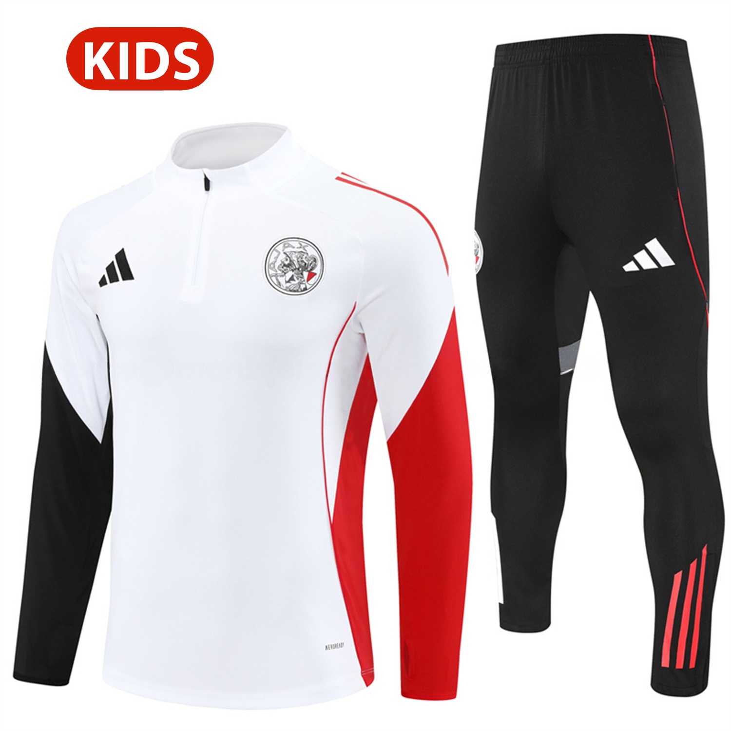 Ajax 25-26 Kids Long Sleeve Training Set - White Top and Black Pants - ReplicasJersey