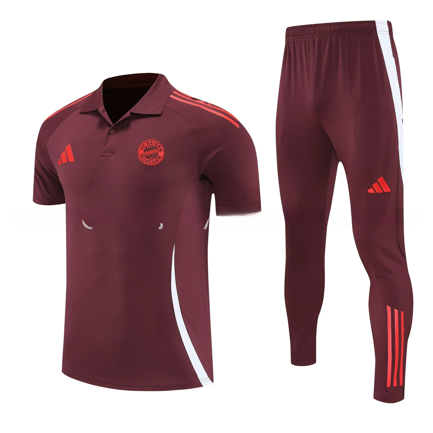 Bayern Munich 25-26 POLO Short-Sleeve Training Set With Red Logo - Deep Red Top & Deep Red Pants - ReplicasJersey