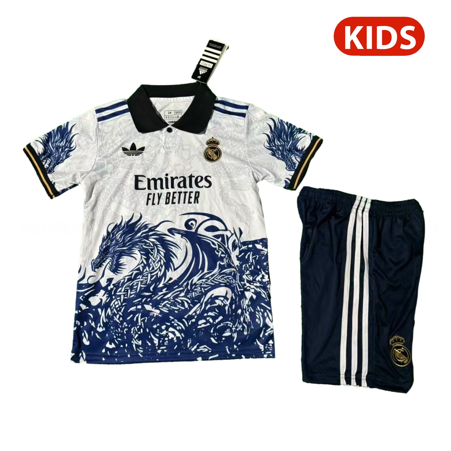 Real Madrid 25-26 Blue Fire Dragon White Special Polo Kids Kit - ReplicasJersey