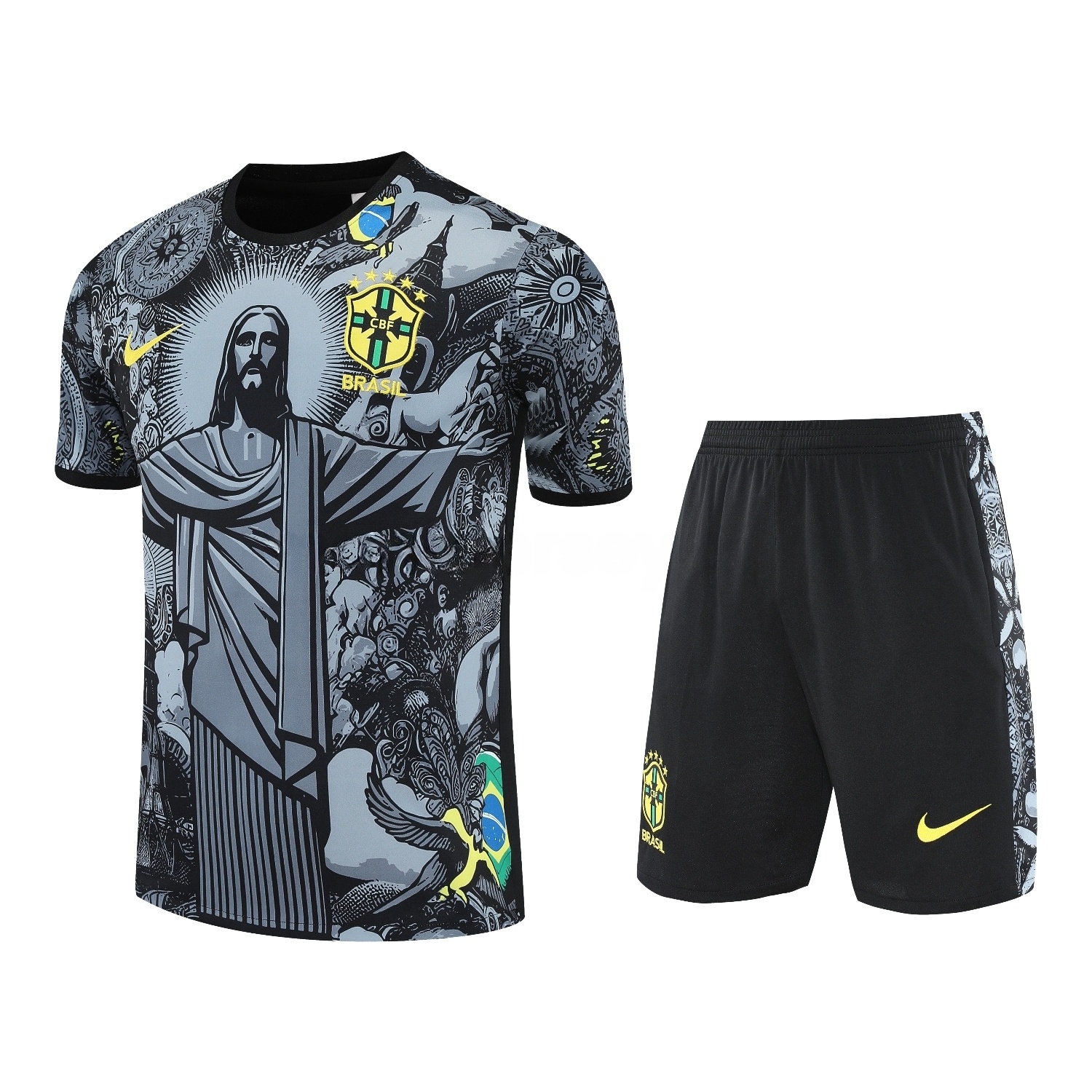 Brazil 25-26 Gray Jesus Statue Short-Sleeve Training Set - Gray Top & Black Shorts - ReplicasJersey