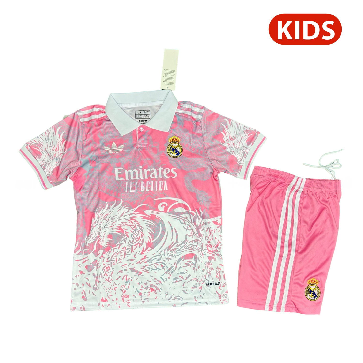 Real Madrid 25-26 White Fire Dragon Pink Special Polo Kids Kit - ReplicasJersey