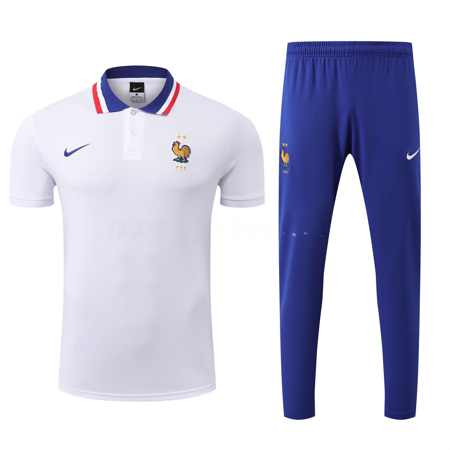 France 25-26 POLO Short-Sleeve Training Set - White Top and Blue Pants - ReplicasJersey