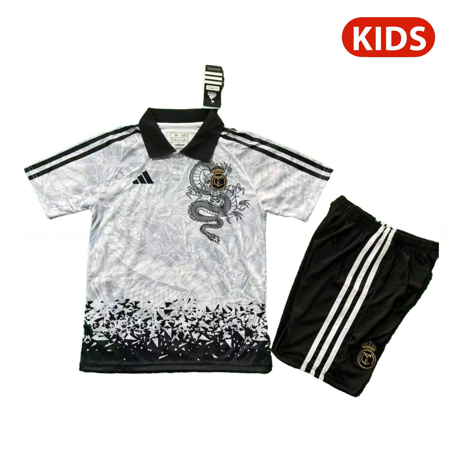 Real Madrid 25-26 Black Dragon Pattern White Special Polo Kids Kit - ReplicasJersey