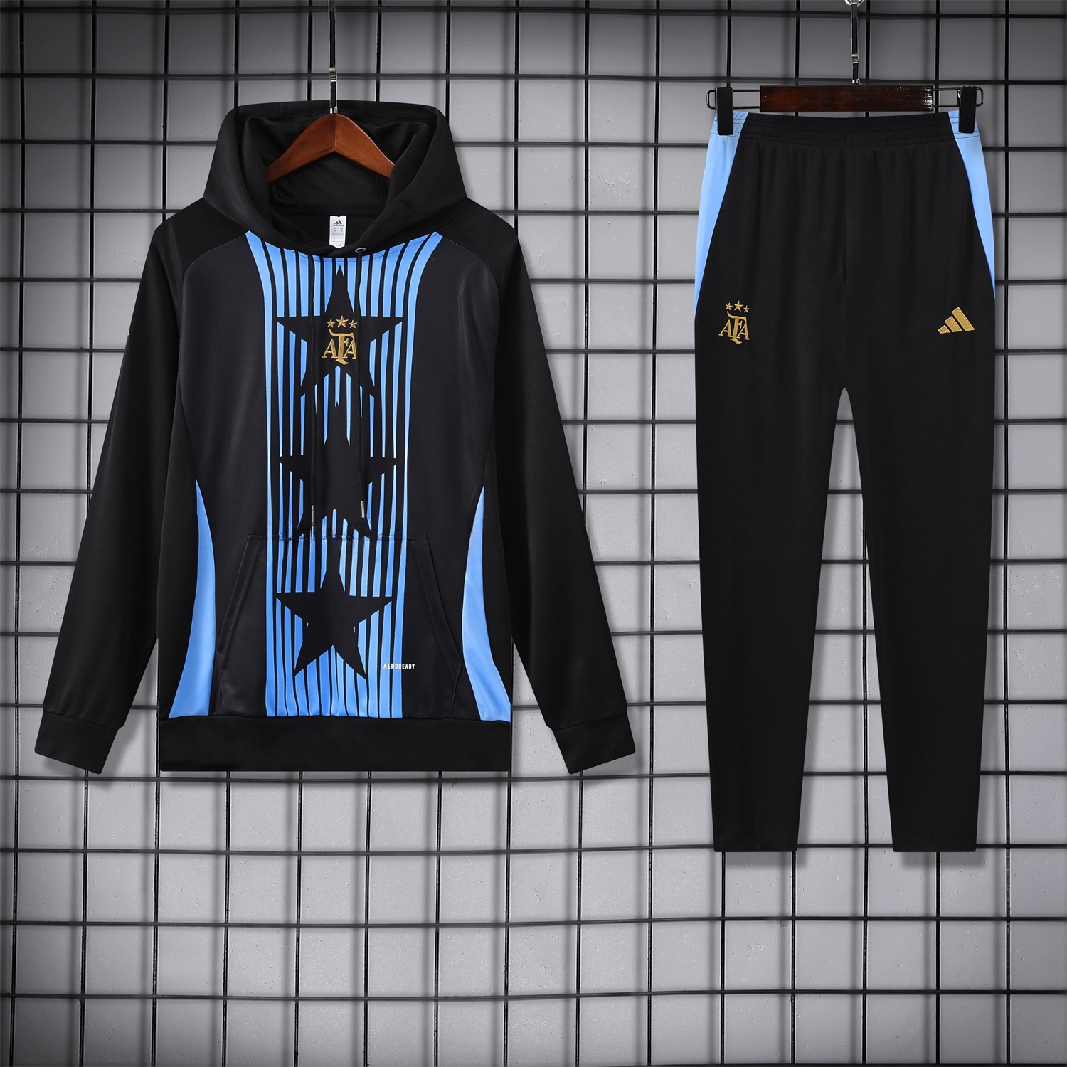 Argentina 24-25 Three-Stars Training Hoodie Set - Black Top and Pants - ReplicasJersey