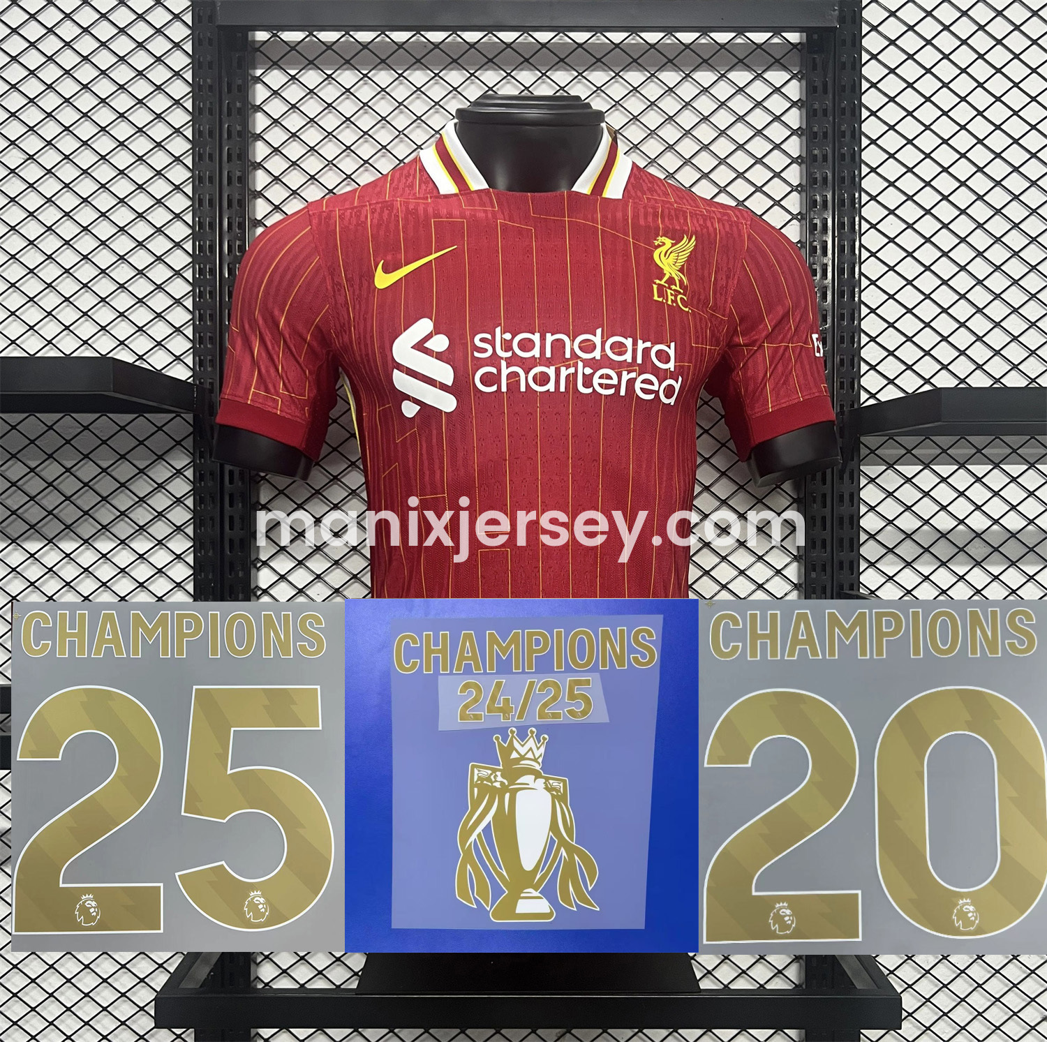 Liver.pool 24-25 Home Jersey with Golden Champions Patch - Player Version - ReplicasJersey